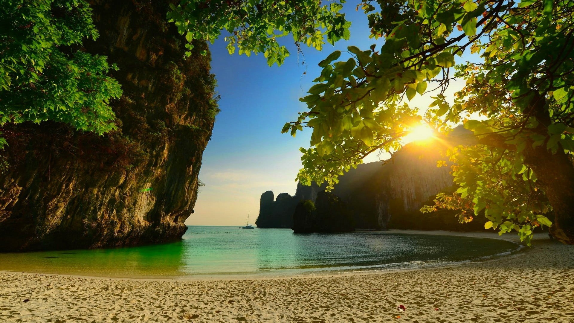 sunlight, scenics - nature, limestone, sun, sunset, tranquil scene, beach, tree, non-urban scene, sky, 1080P, vacation, landscape, coast, thailand, outdoors, HD Wallpaper