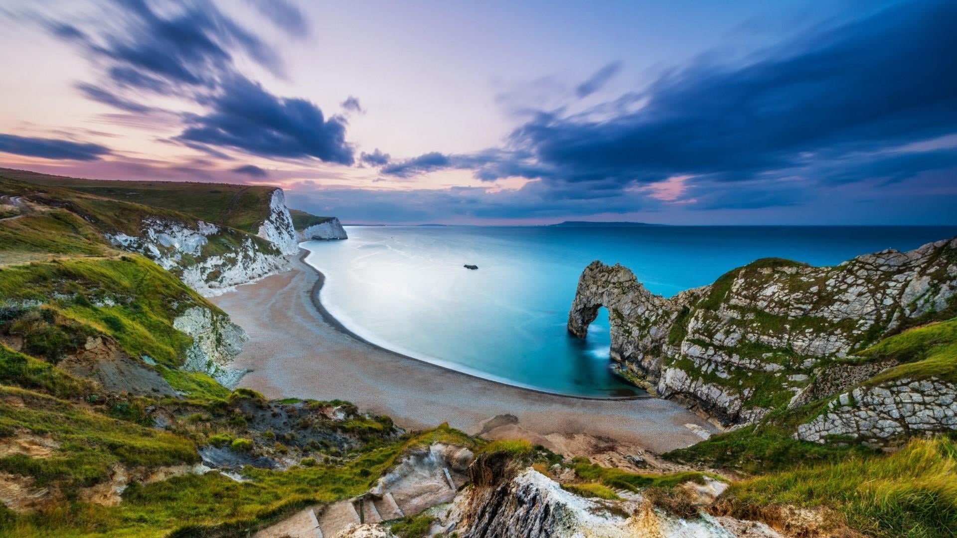 sky, united kingdom, scenics - nature, tranquil scene, nature, durdle door, sunset, cliff, limestone, sea, no people, arch, natural arch, beauty in nature, HD Wallpaper