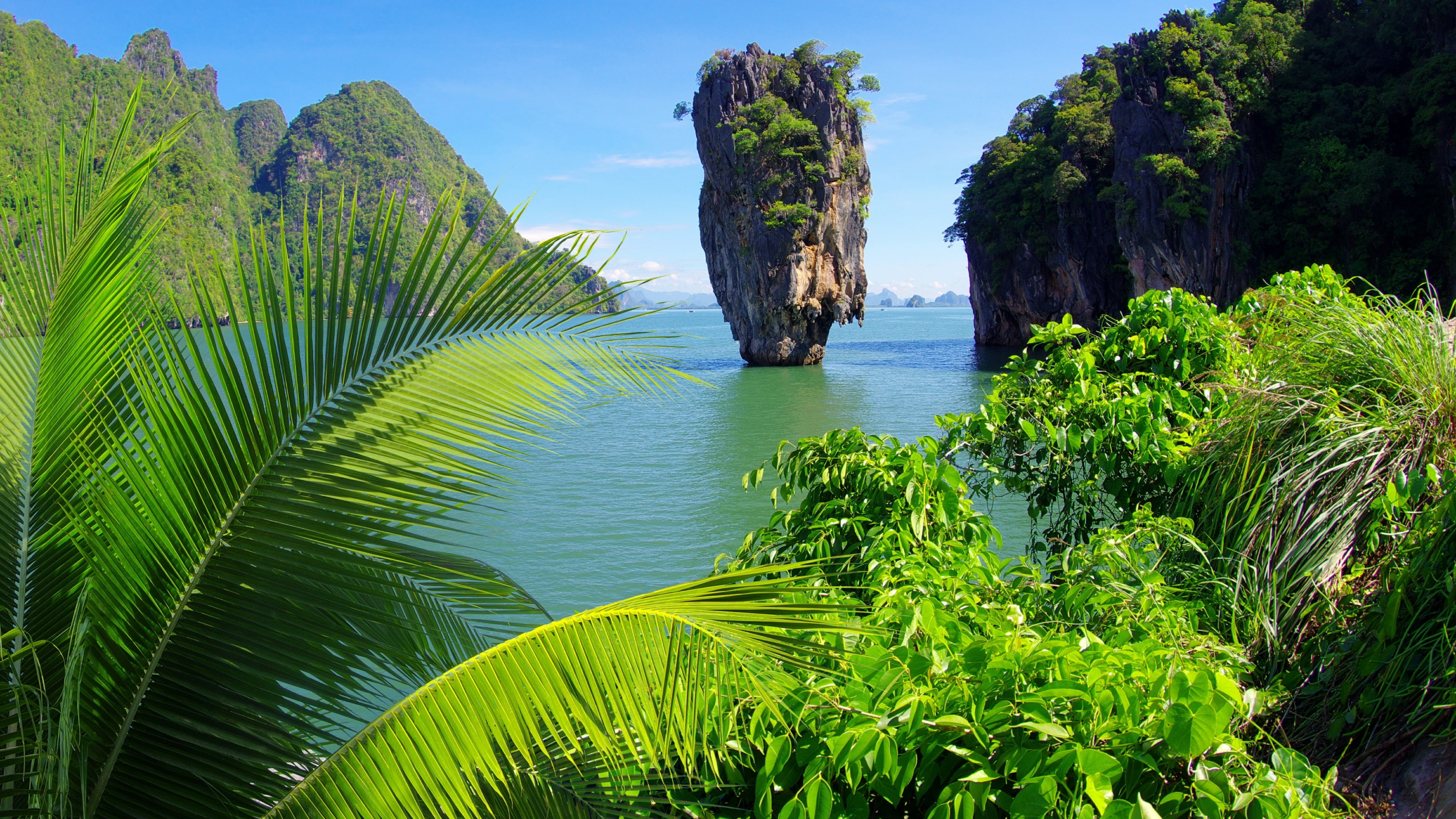bay, rock, arecales, tropics, sky, phang nga bay, national park, ao phang nga national park, leaf, asia, ko tapu, 4K, andaman sea, james bond island, jungle, HD Wallpaper