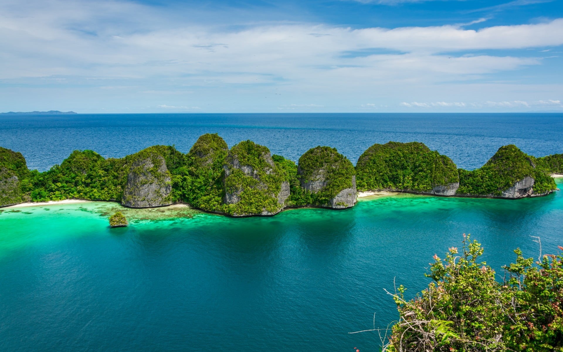 horizon over water, day, nature, turquoise, tranquil scene, green, beach, non-urban scene, landscape, no people, trees, cloud - sky, tranquility, sky, blue, HD Wallpaper