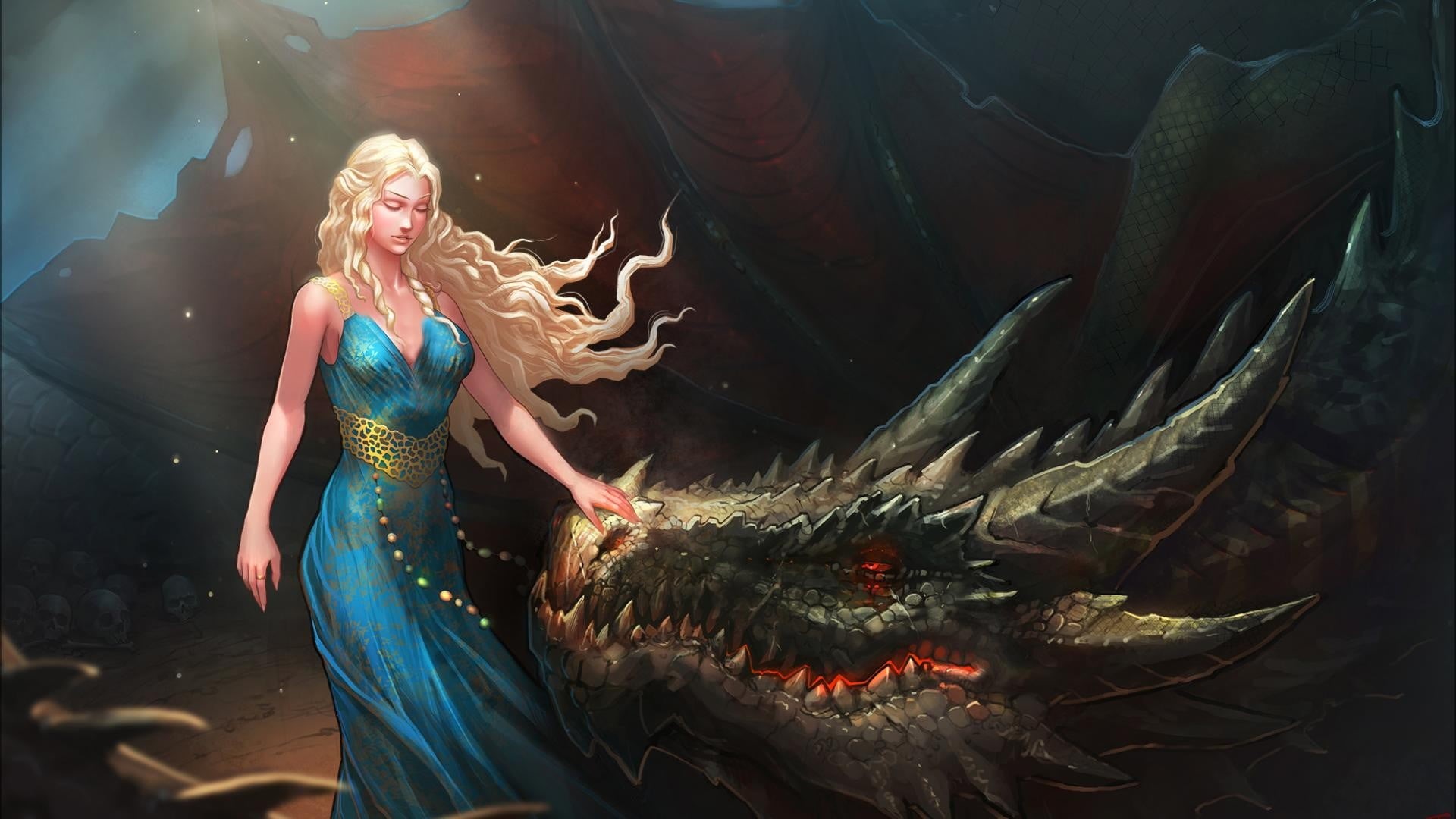 blonde, Game of Thrones, dancing, digital art, holding, women, young adult, lifestyles, portrait, looking at camera, clothing, indoors, hairstyle, beauty, HD Wallpaper