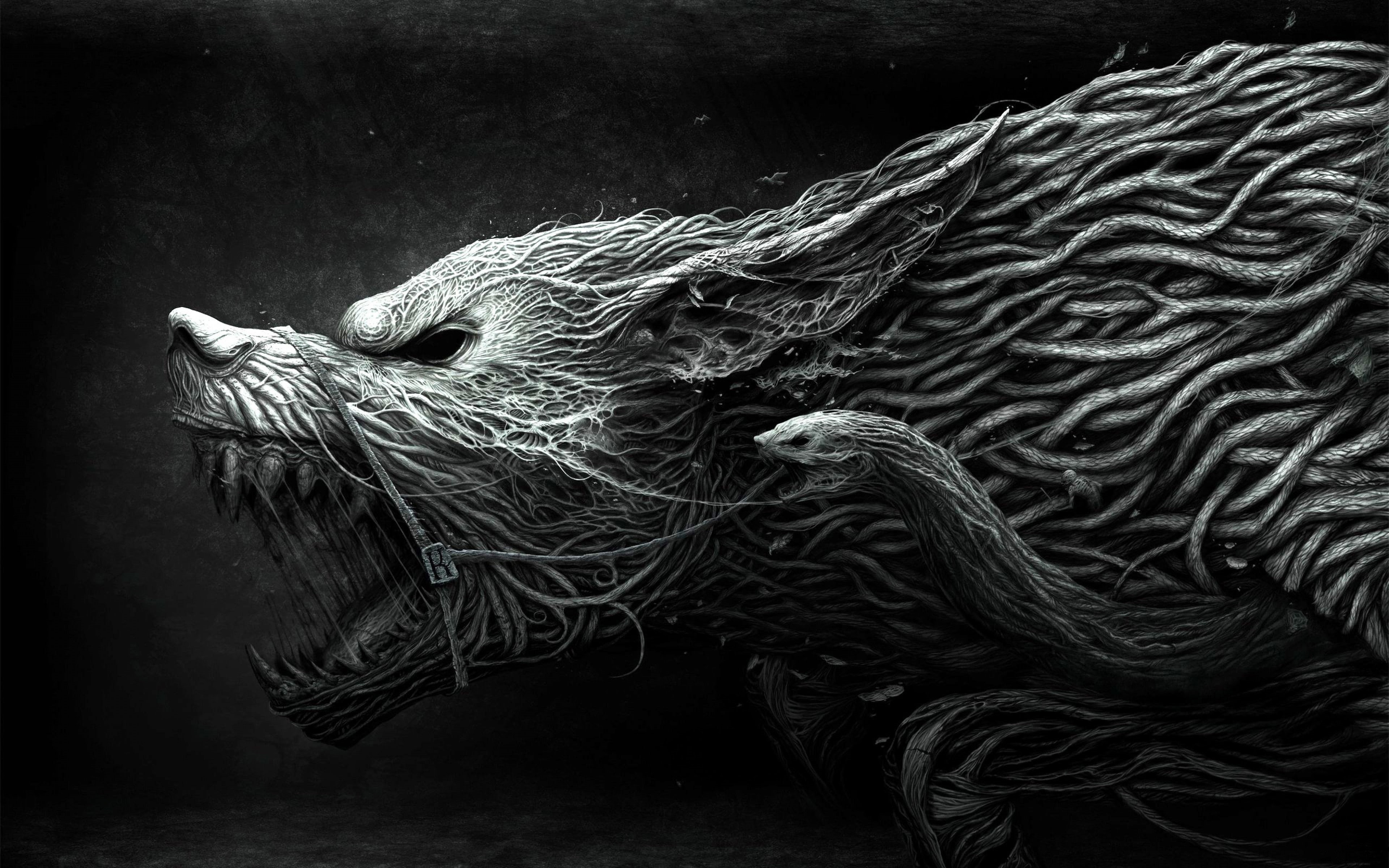 horror, Werewolf, wolf, creature, dark fantasy, fantasy art, simple background, monochrome, snake, roots, 4K, digital art, HD Wallpaper