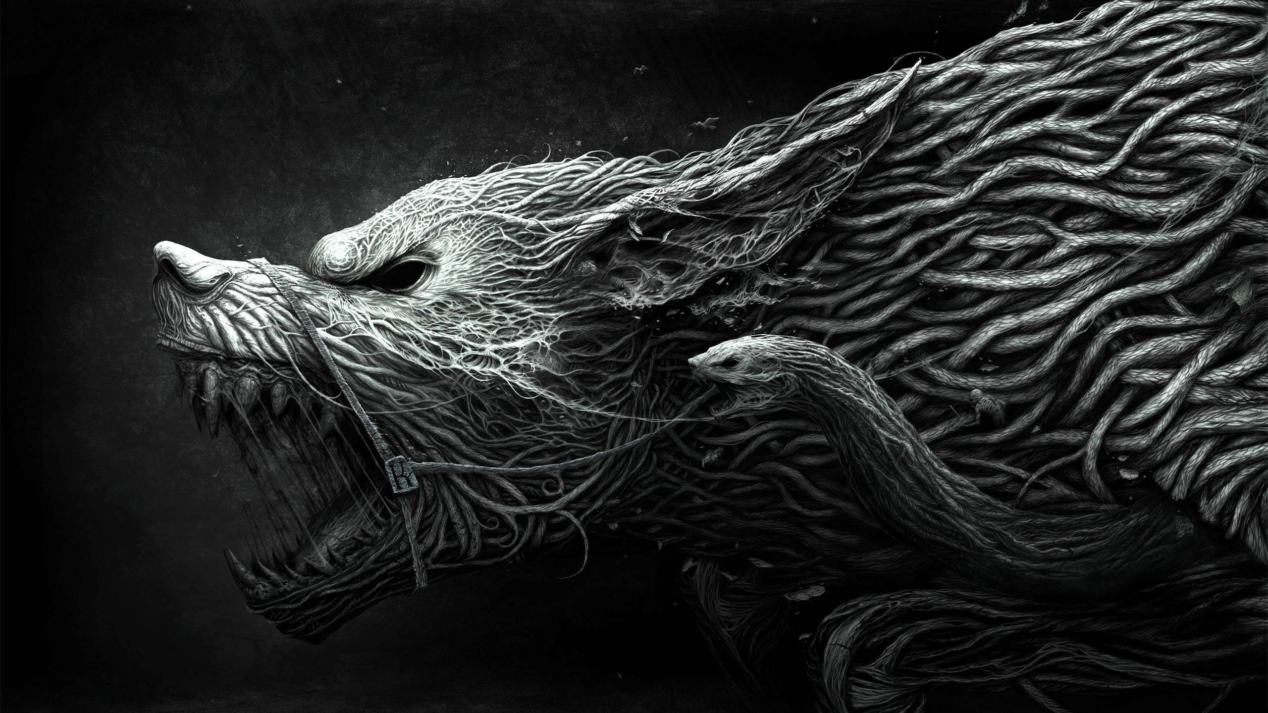 snake, simple background, digital art, Werewolf, fantasy art, roots, monochrome, horror, 2K, dark fantasy, creature, wolf, HD Wallpaper