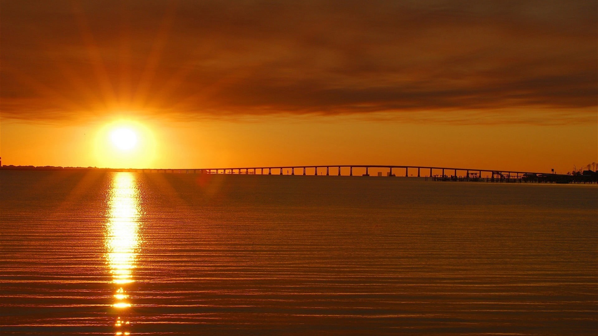 orange color, sea, sky, sunset, romantic sky, scenics - nature, outdoors, cloud - sky, architecture, sun, body, water, skyscape, nature, built structure, HD Wallpaper
