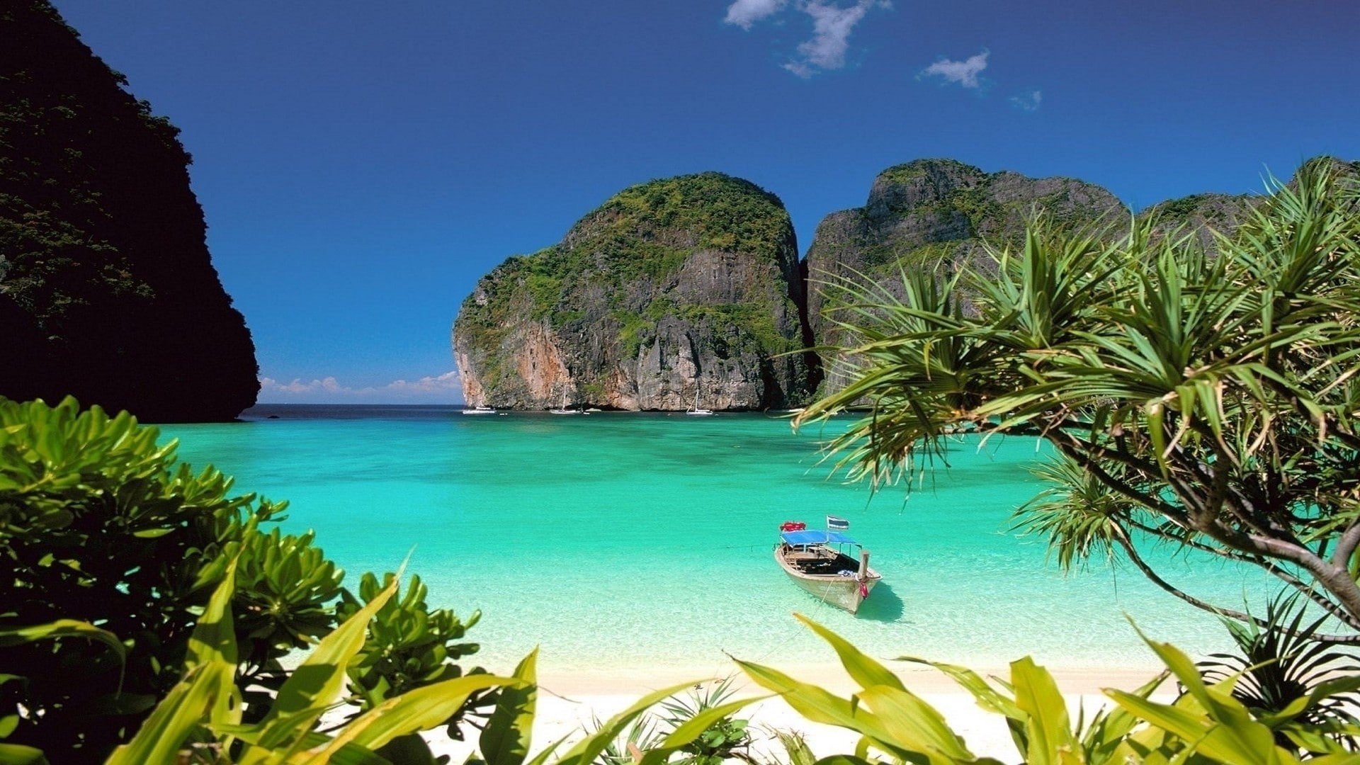 beach, hd, cove, island, tropical, nature, boat, 1080P, HD Wallpaper