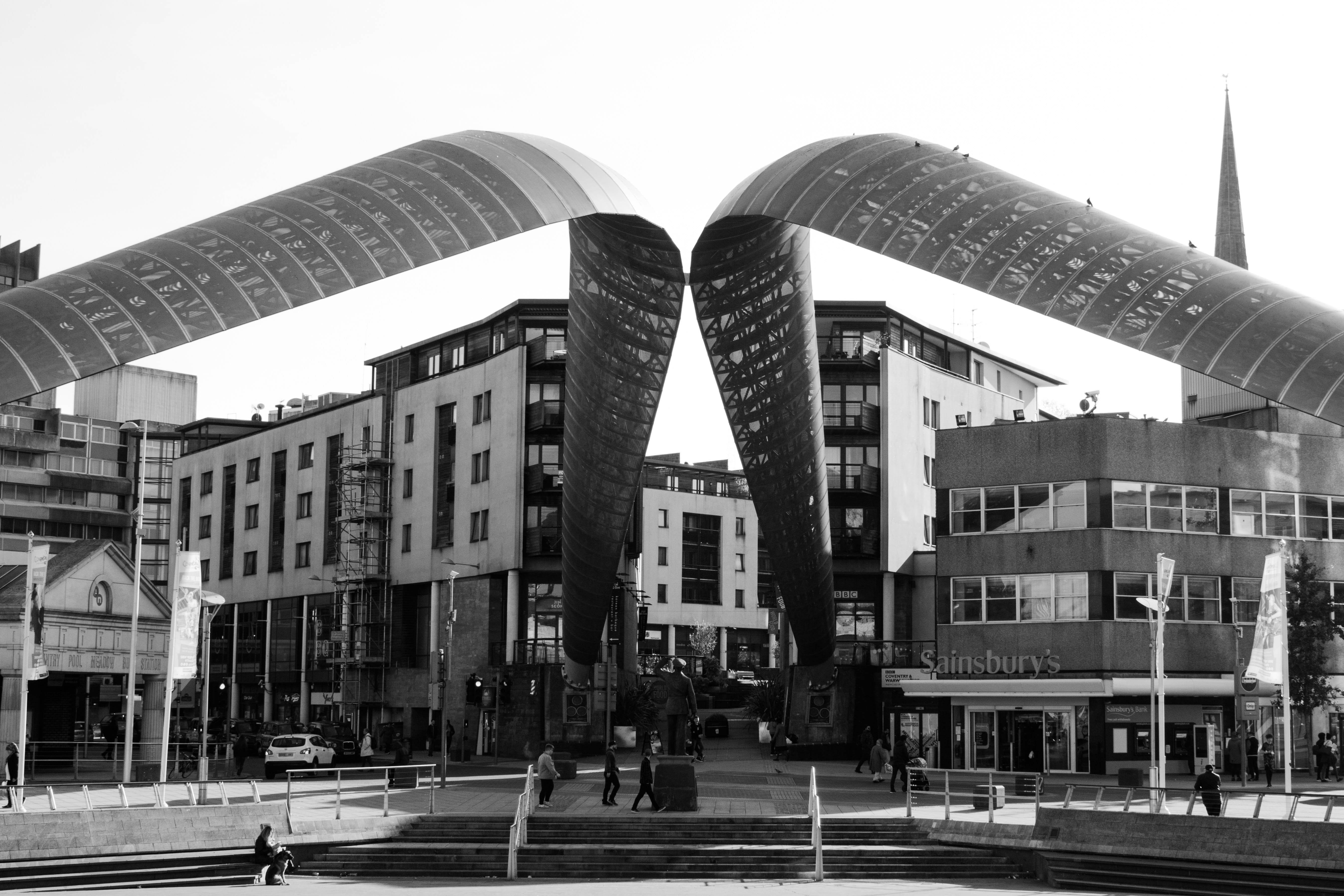 coventry, group of people, office building exterior, buildings, low angle view, bw, day, city, skyscraper, sky, sky scrapers, building exterior, black and white, HD Wallpaper