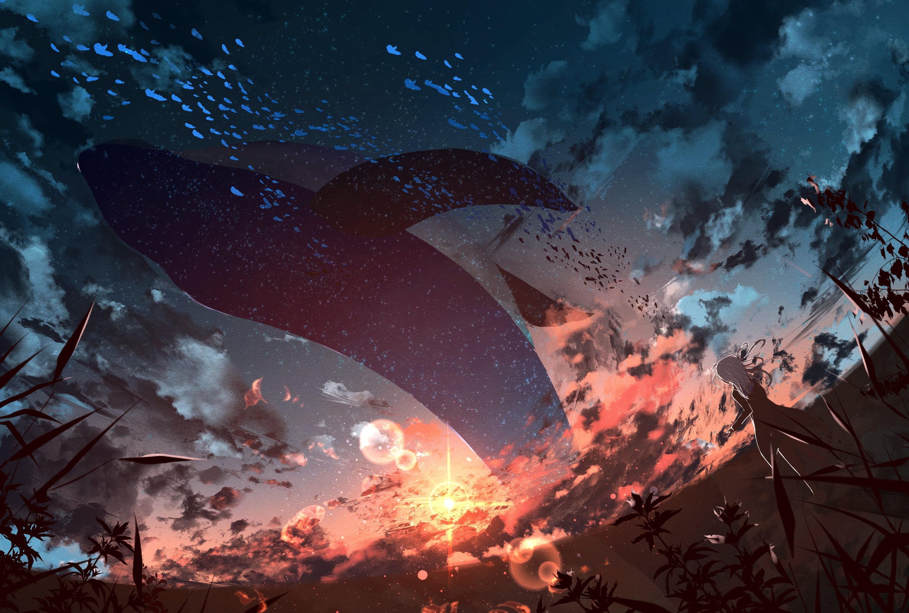 anime girls, fantasy girl, clouds, skyscape, sunlight, illustration, sunset, whale, Sun, animals, digital art, artwork, 2K, fantasy art, sky, women, anime, HD Wallpaper