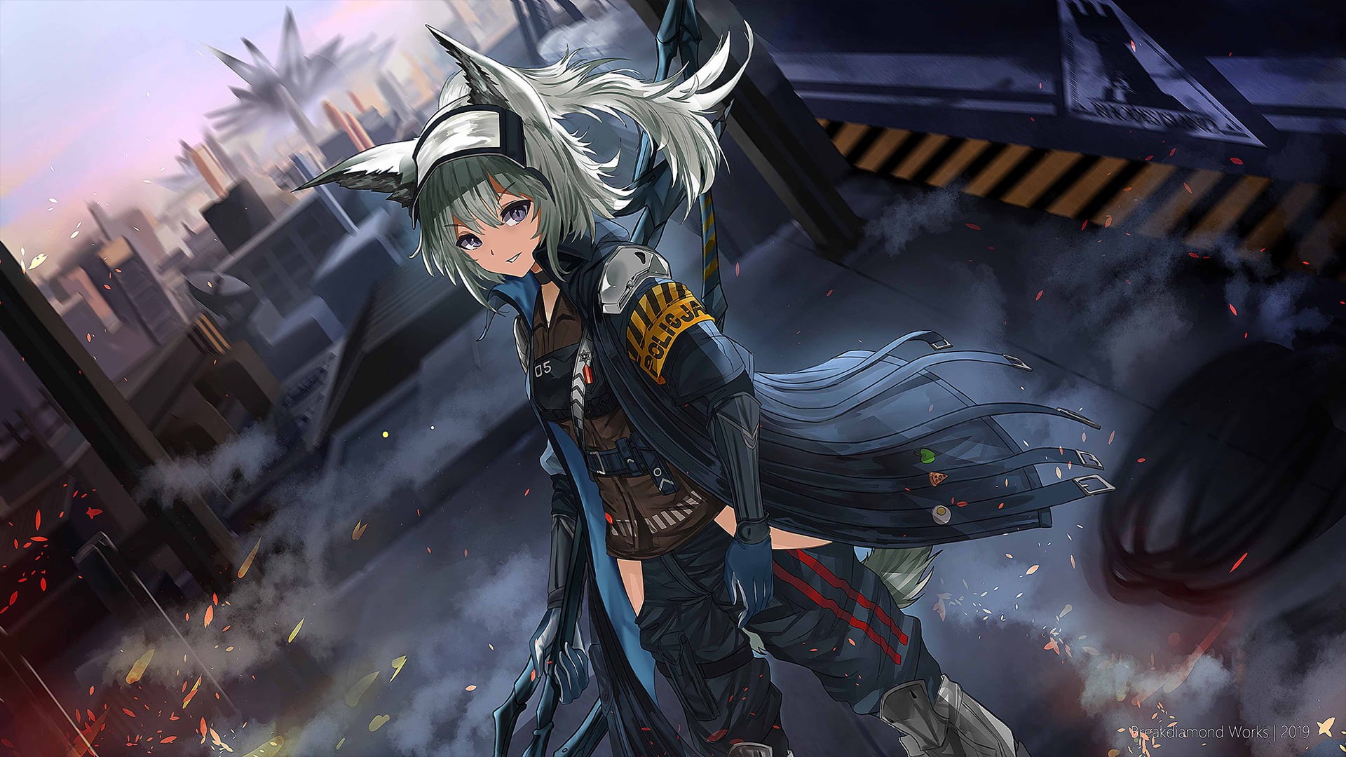 Animal Ears, Grani (Arknights), Long Hair, City, Purple Eyes, Arknights, White Hair, Video Game, 1080P, HD Wallpaper