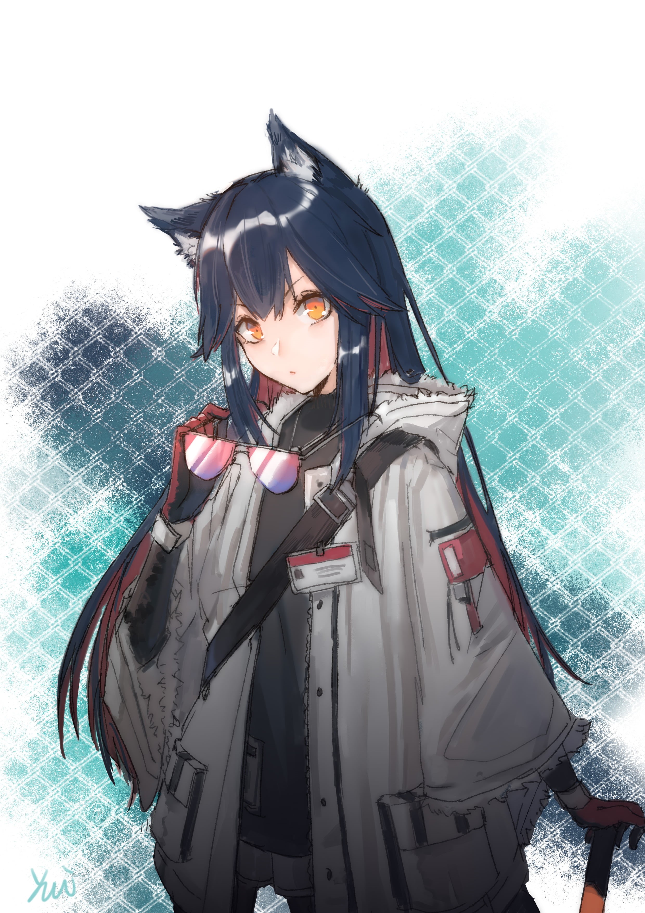 Arknights, vertical, anime, animal ears, anime girls, long hair, simple background, yellow eyes, 2K, black hair, Pixiv, Phone HD Wallpaper