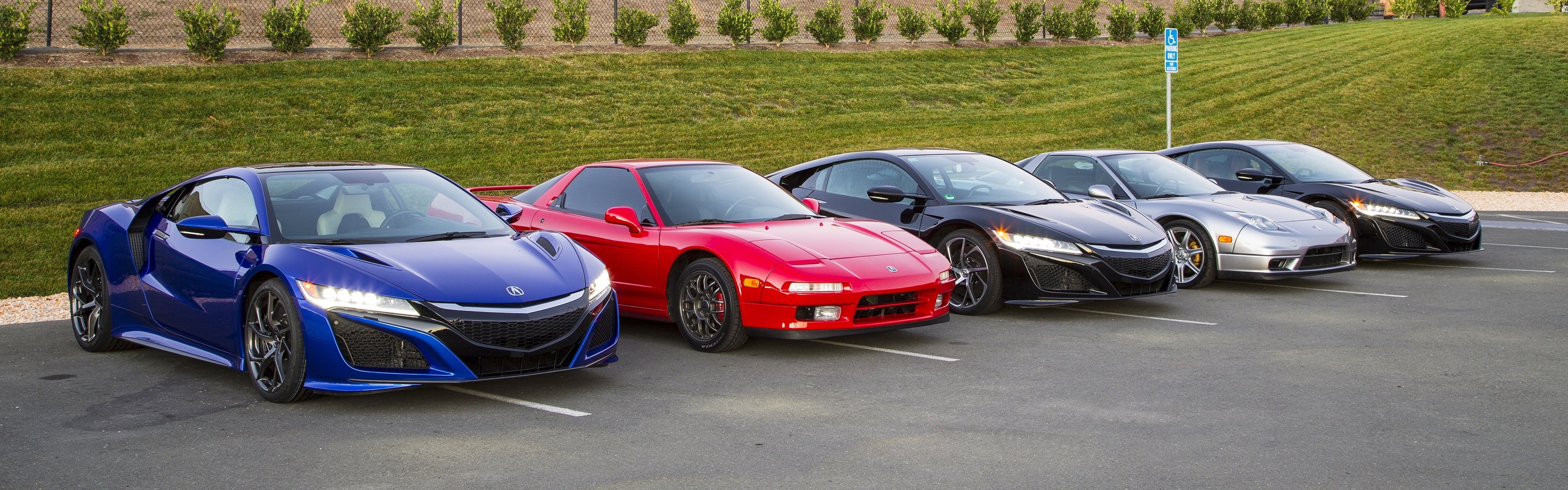 five, day, plant, vehicle, wheel, multiple display, Acura NSX, dual monitors, color, multi colored, outdoors, large group of objects, car, coupes, 4K, HD Wallpaper