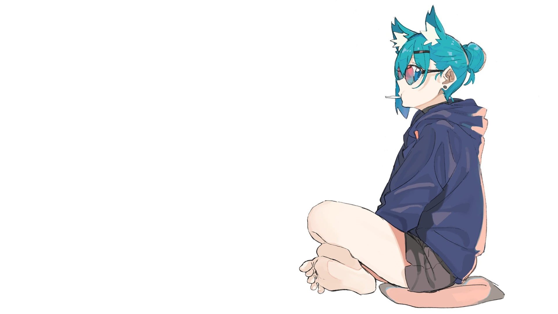 woman, representation, art and craft, mammal, one person, clip, anime, anime girls eating, simple background, barefoot, domestic animals, white, shorts, HD Wallpaper