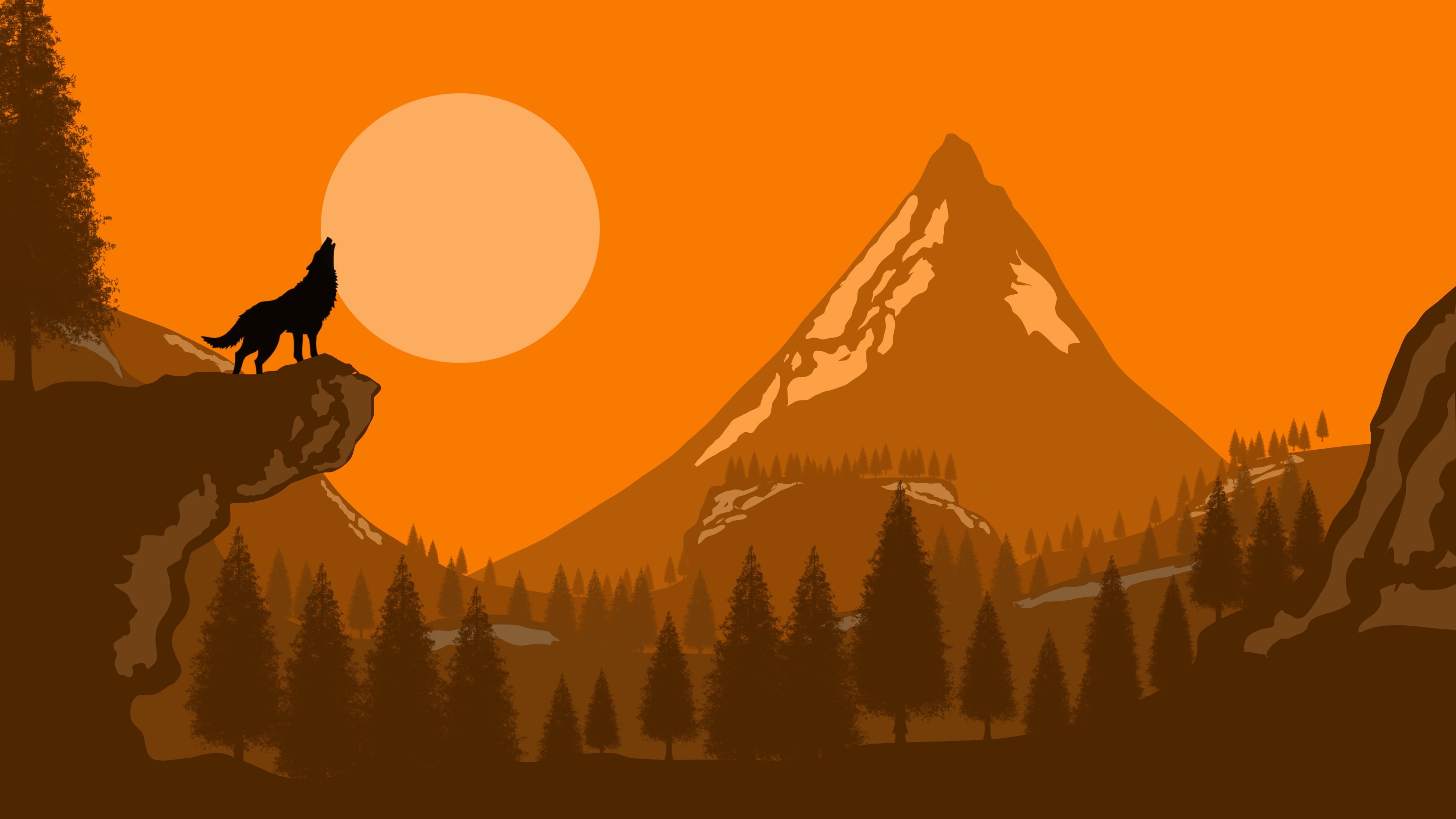 moon, rocks, 4K, artwork, howling, forest, art, digital art, silhouette, mountain, Wolf, trees, HD Wallpaper