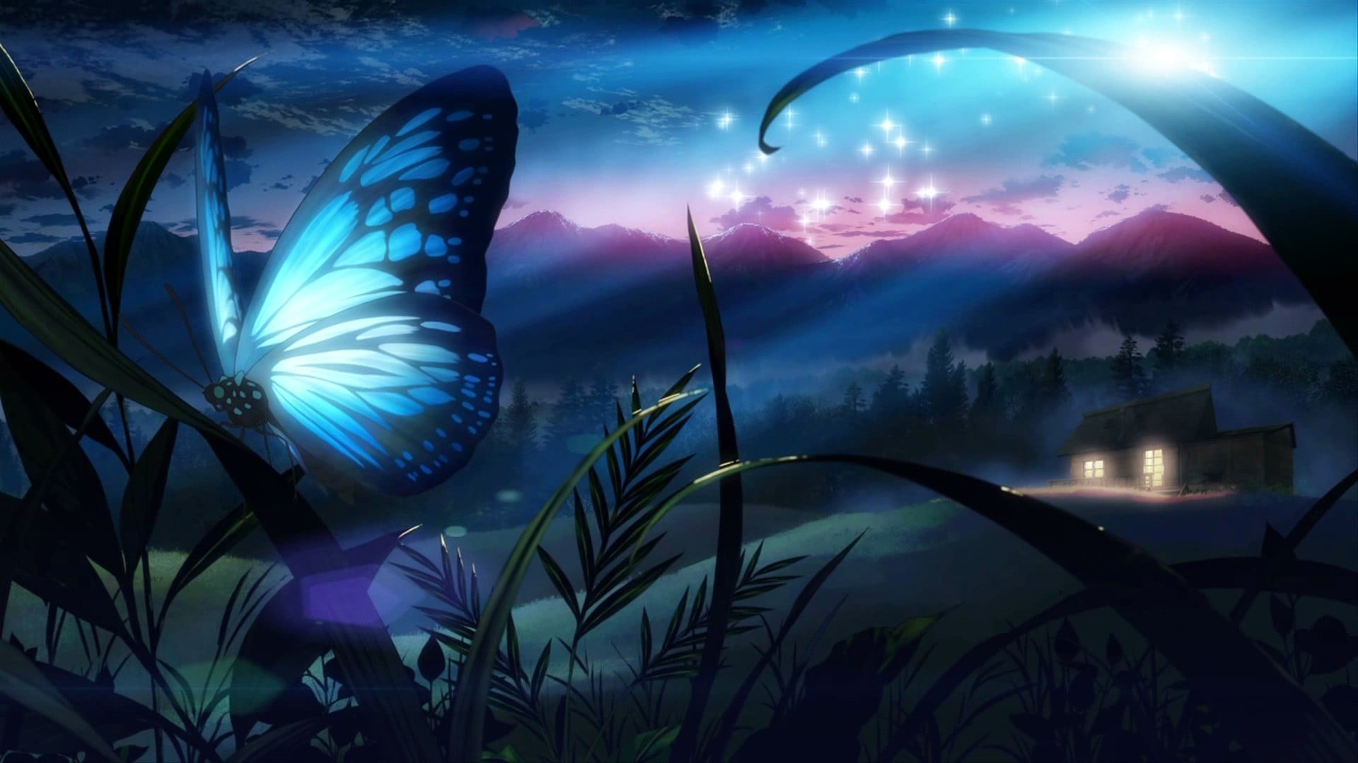 dark, mountain, backgrounds, white, illuminated, butterfly, light - Natural Phenomenon, anime, illustration, computer Graphic, no people, sea, animal themes, HD Wallpaper