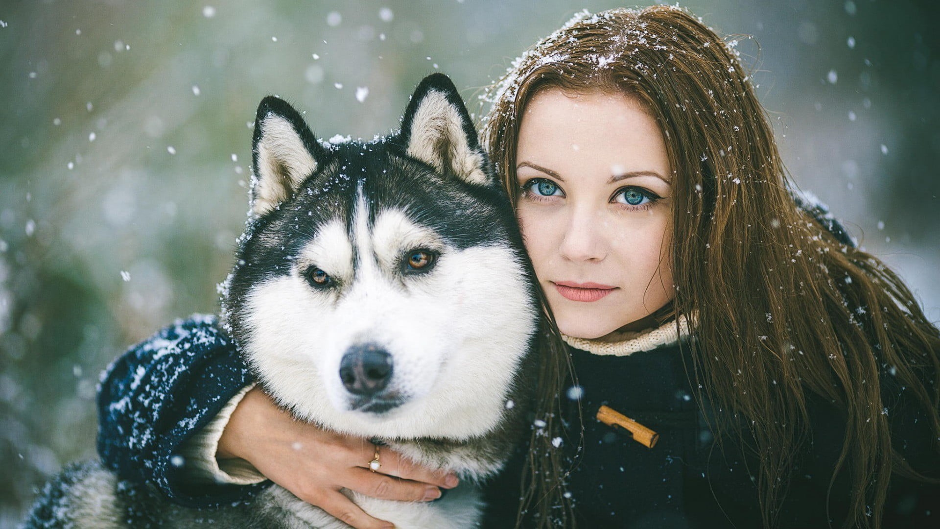 women outdoors, white, hugging, domestic, animal, snowing, winter, model, animal themes, dog, pets, black jackets, portrait, looking at camera, snow, young women, HD Wallpaper