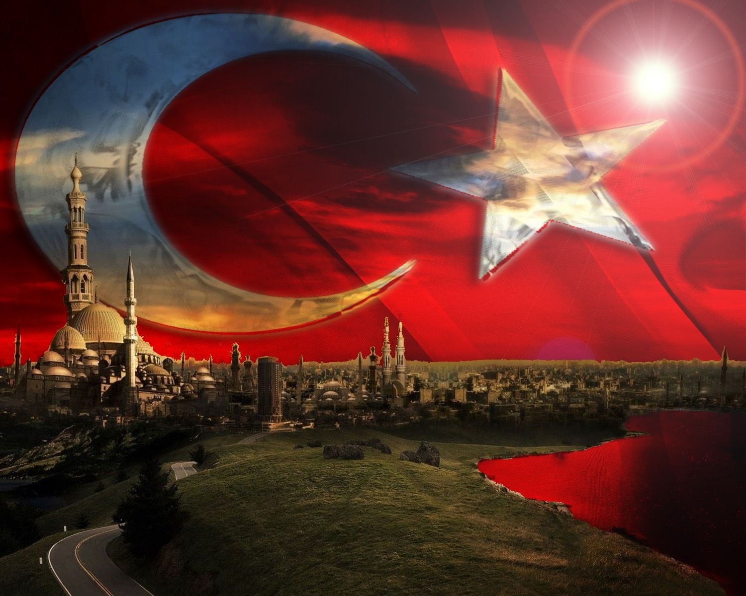 illuminated, red, outdoors, 720P, water, architecture, shape, building exterior, night, star shape, sky, city, nature, Turkey, celebration, travel destinations, HD Wallpaper