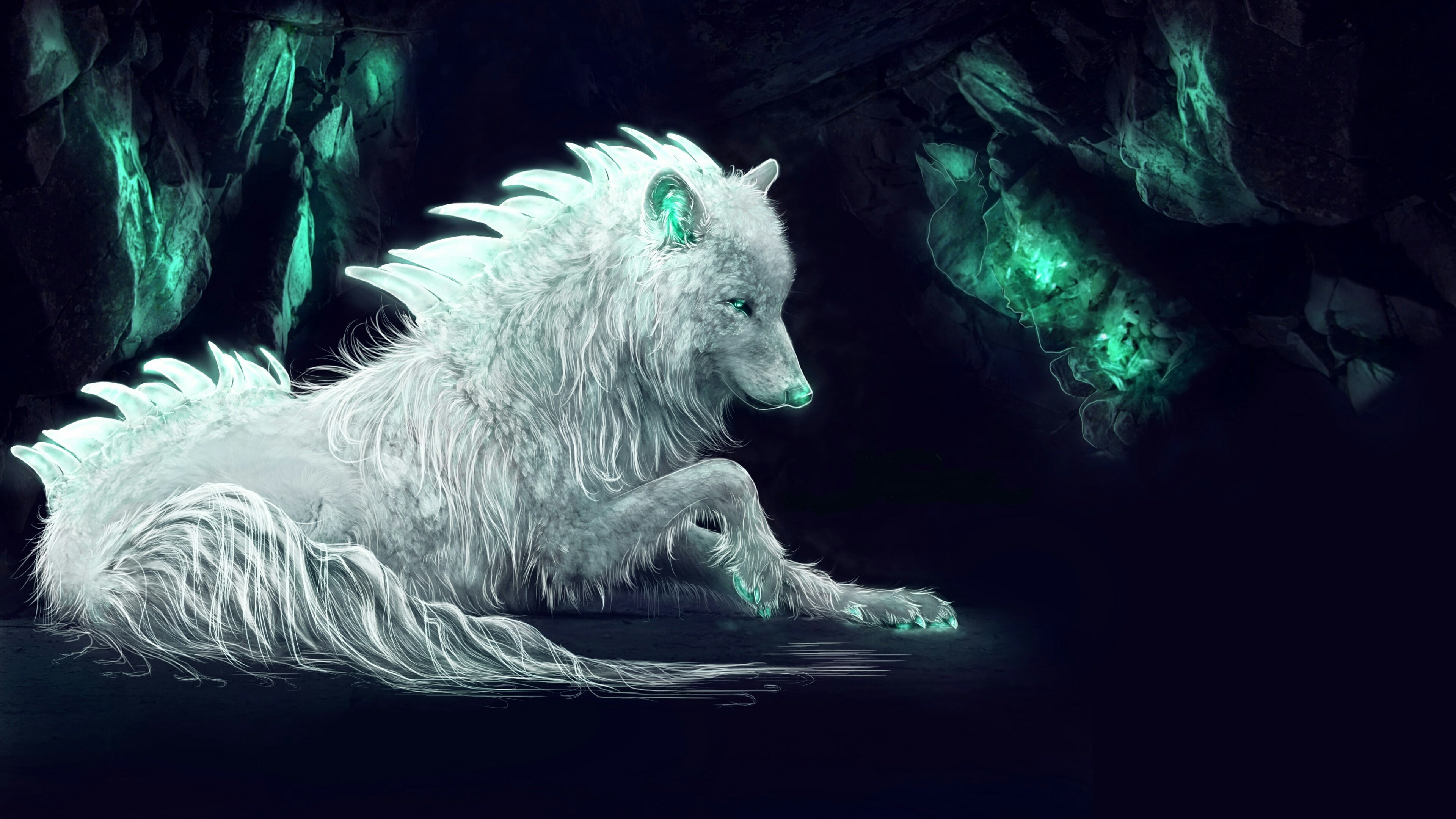 4K, mythical creature, white wolf, wolf, fantasy art, darkness, imagination, HD Wallpaper