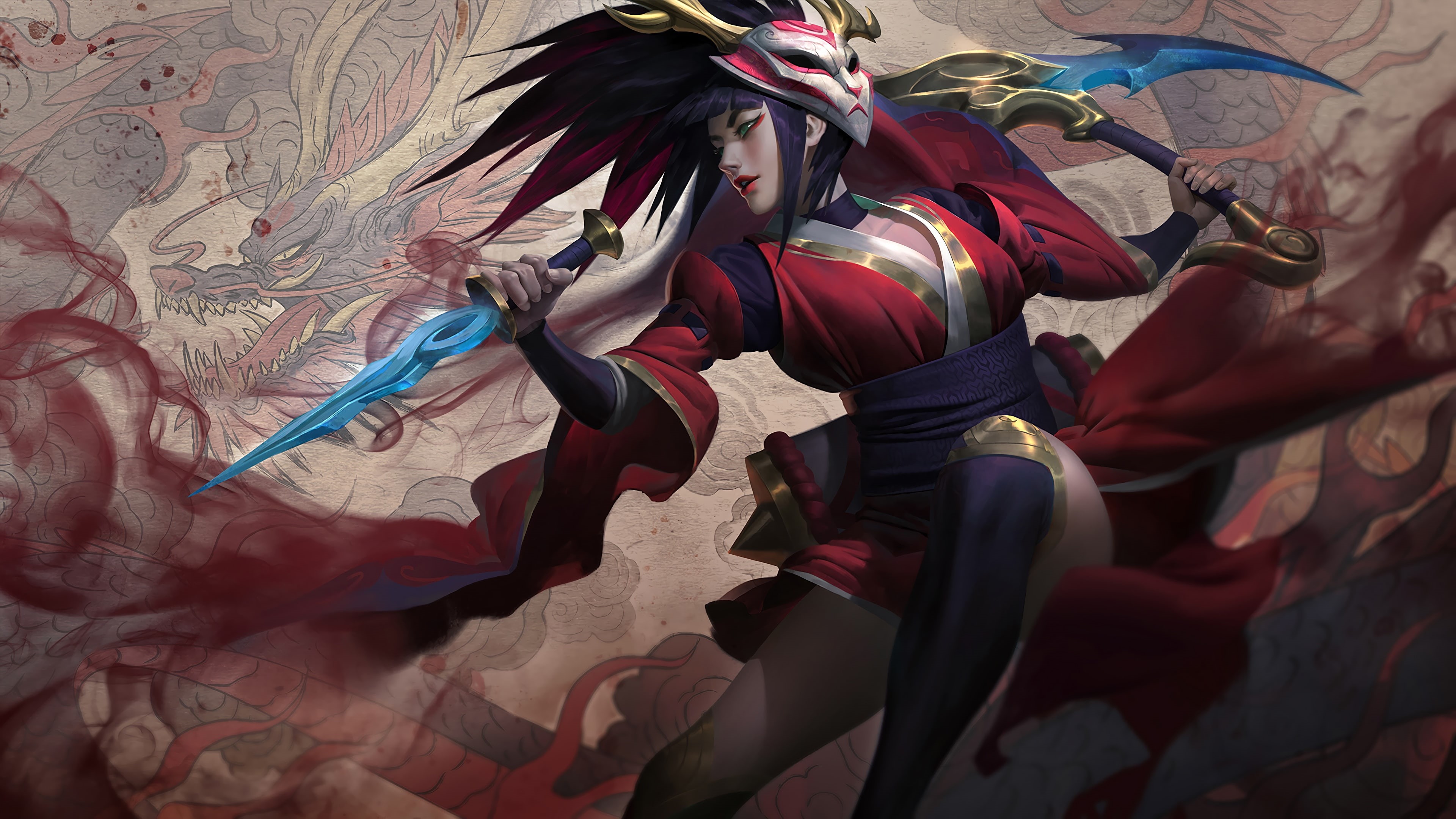 The moon, Artwork, Dragon, Stockings, LoL, Blood Moon, Blood, Rework, Bloody, 4K, Splash, Mask, Akali, League of Legends, Swords, HD Wallpaper