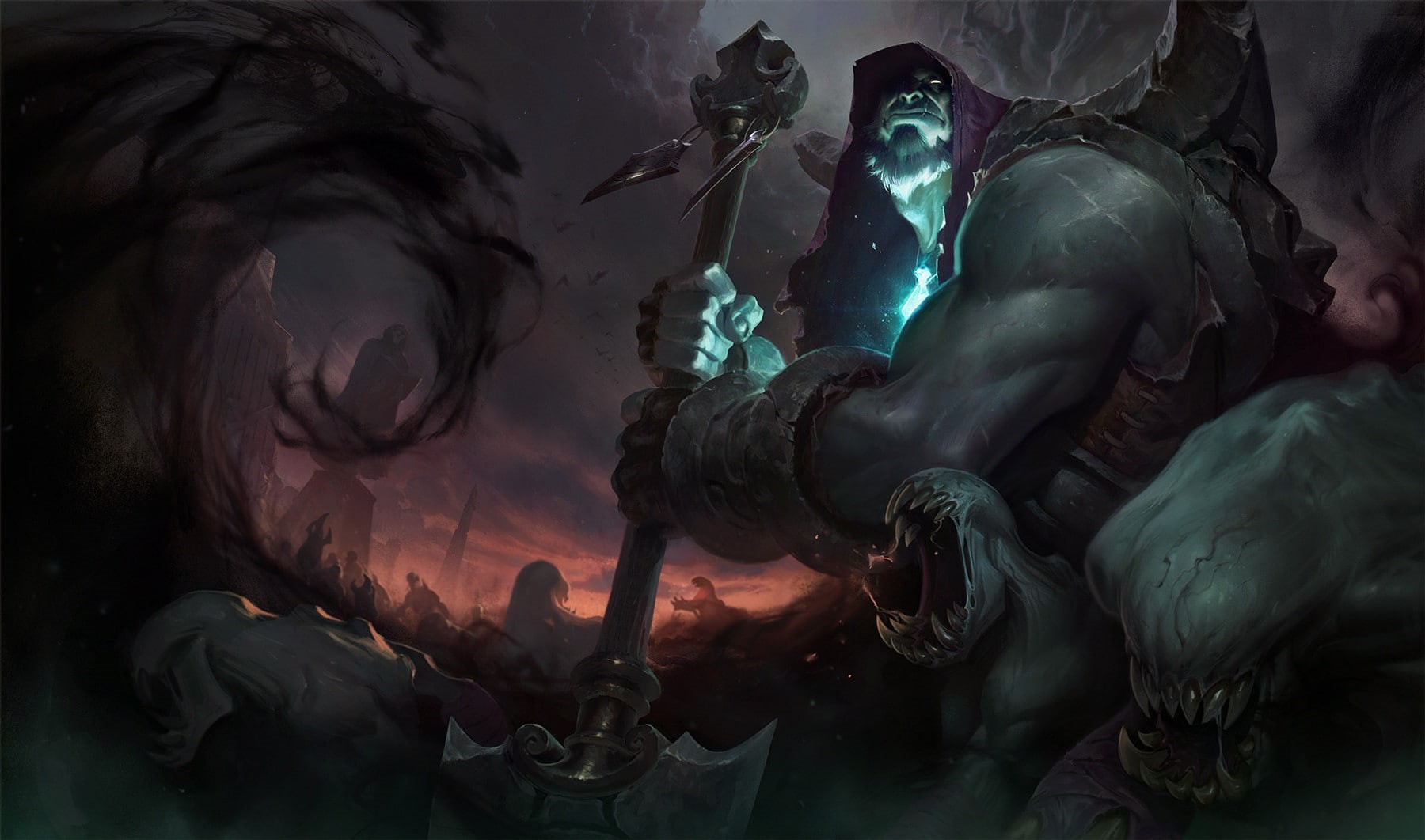 statue, art and craft, hood, Yorick, creativity, men, indoors, Axe, digital art, multiple exposure, male likeness, League of Legends, water, studio shot, HD Wallpaper