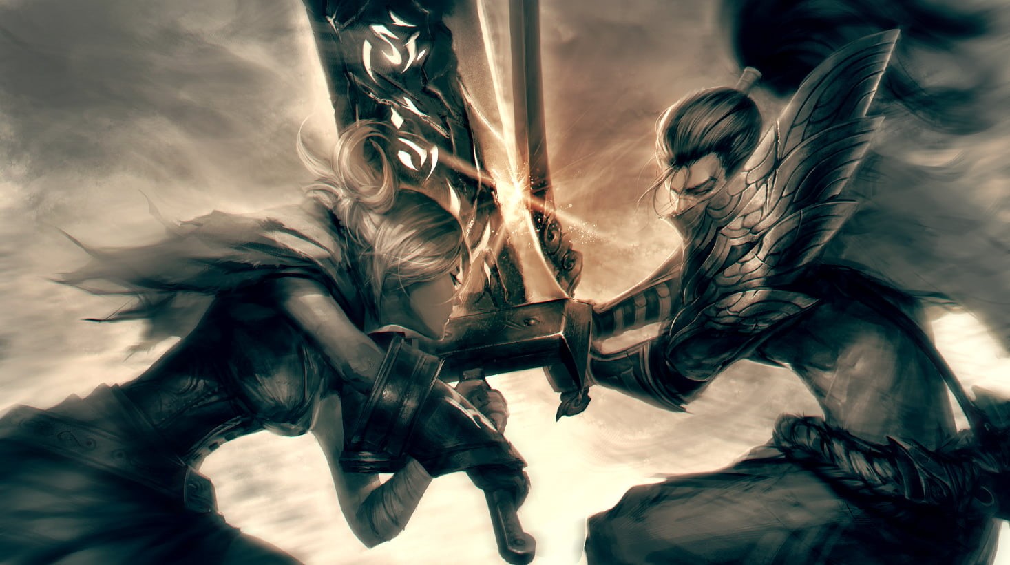 musician, representation, Riven, Yasuo, trumpet, real people, artwork, hand, artist, adult, League of Legends, holding, battle, day, one person, outdoors, HD Wallpaper