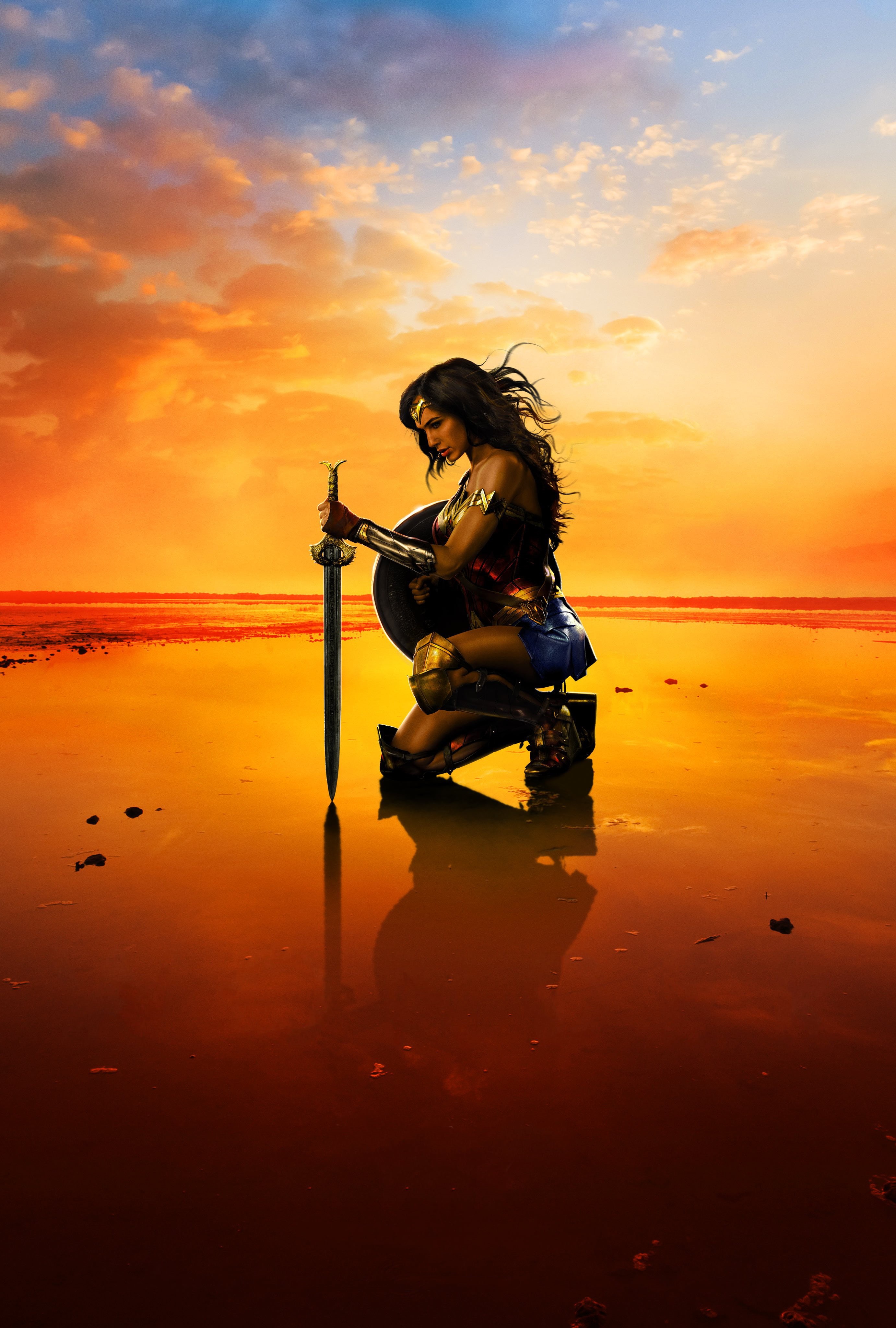 portrait display, one person, lifestyles, adult, hairstyle, sunset, reflection, clothing, sitting, sea, women, beauty, full length, Gal Gadot, outdoors, Phone HD Wallpaper