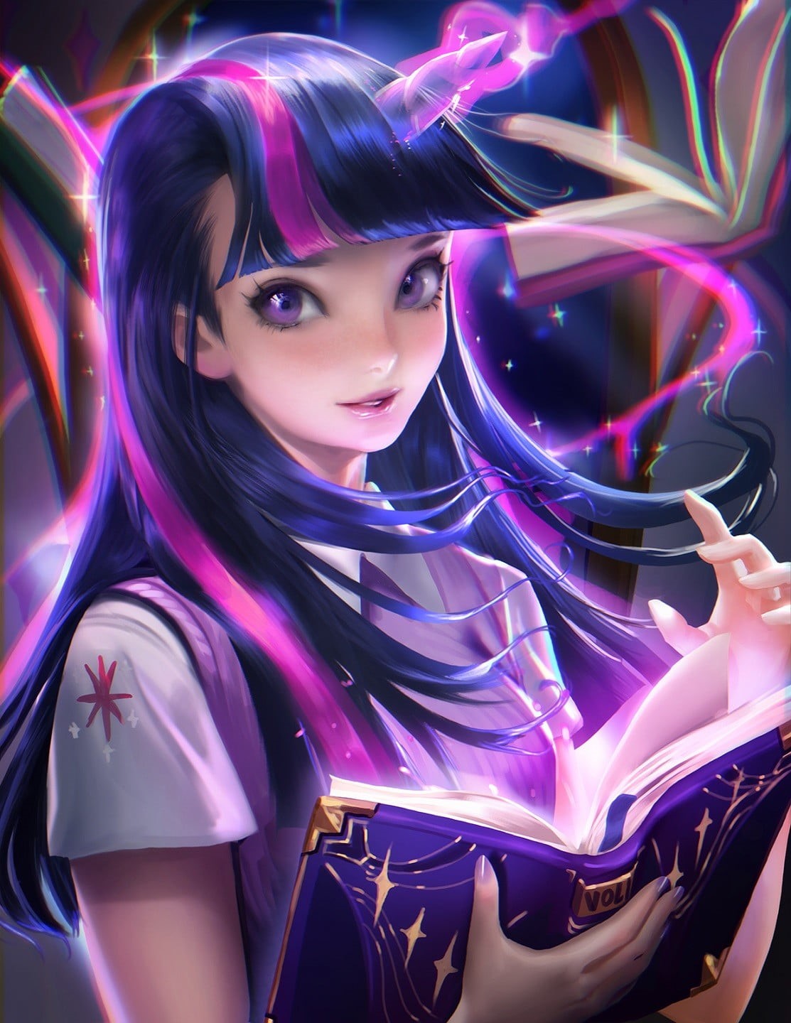 book, hair, illustration, studio shot, Sakimichan, young adult, futuristic, glowing, reading, women, fashion, Twilight Sparkle, technology, looking at camera, Phone HD Wallpaper