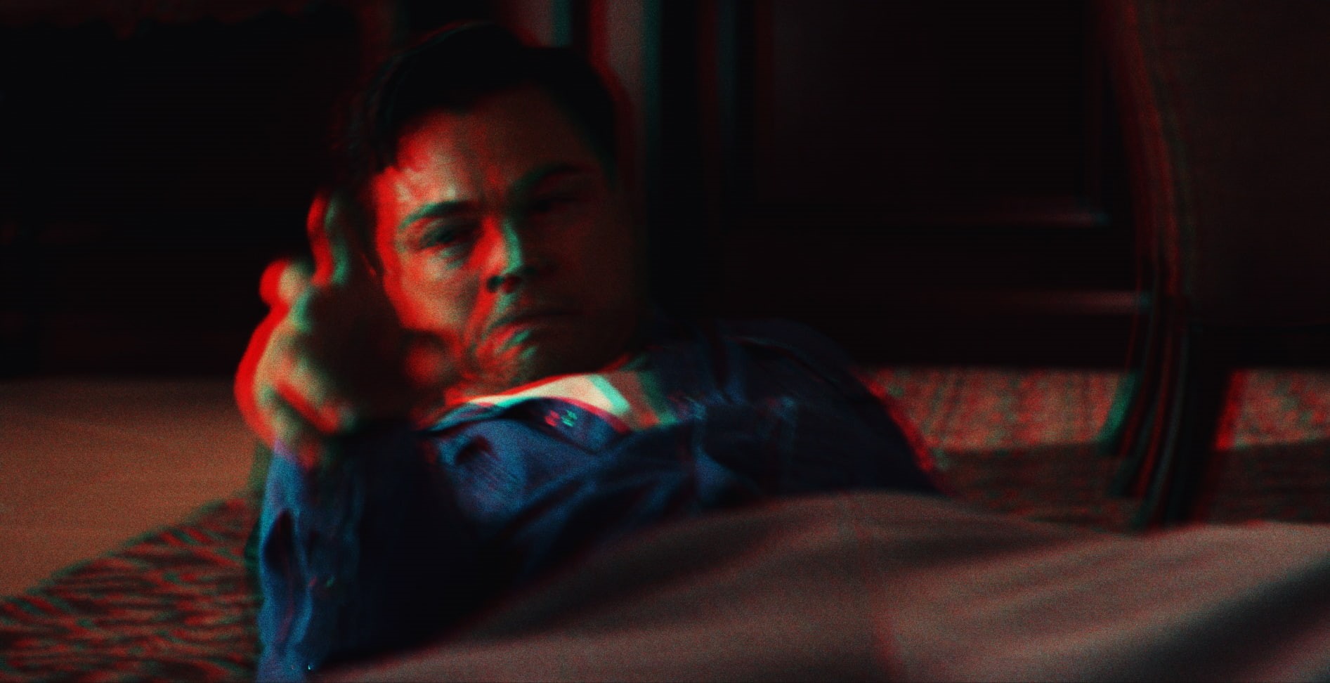young adult, night, dark, domestic room, adult, resting, chromatic aberration, portrait, movies, indoors, The Wolf of Wall Street, sleeping, Leonardo DiCaprio, HD Wallpaper