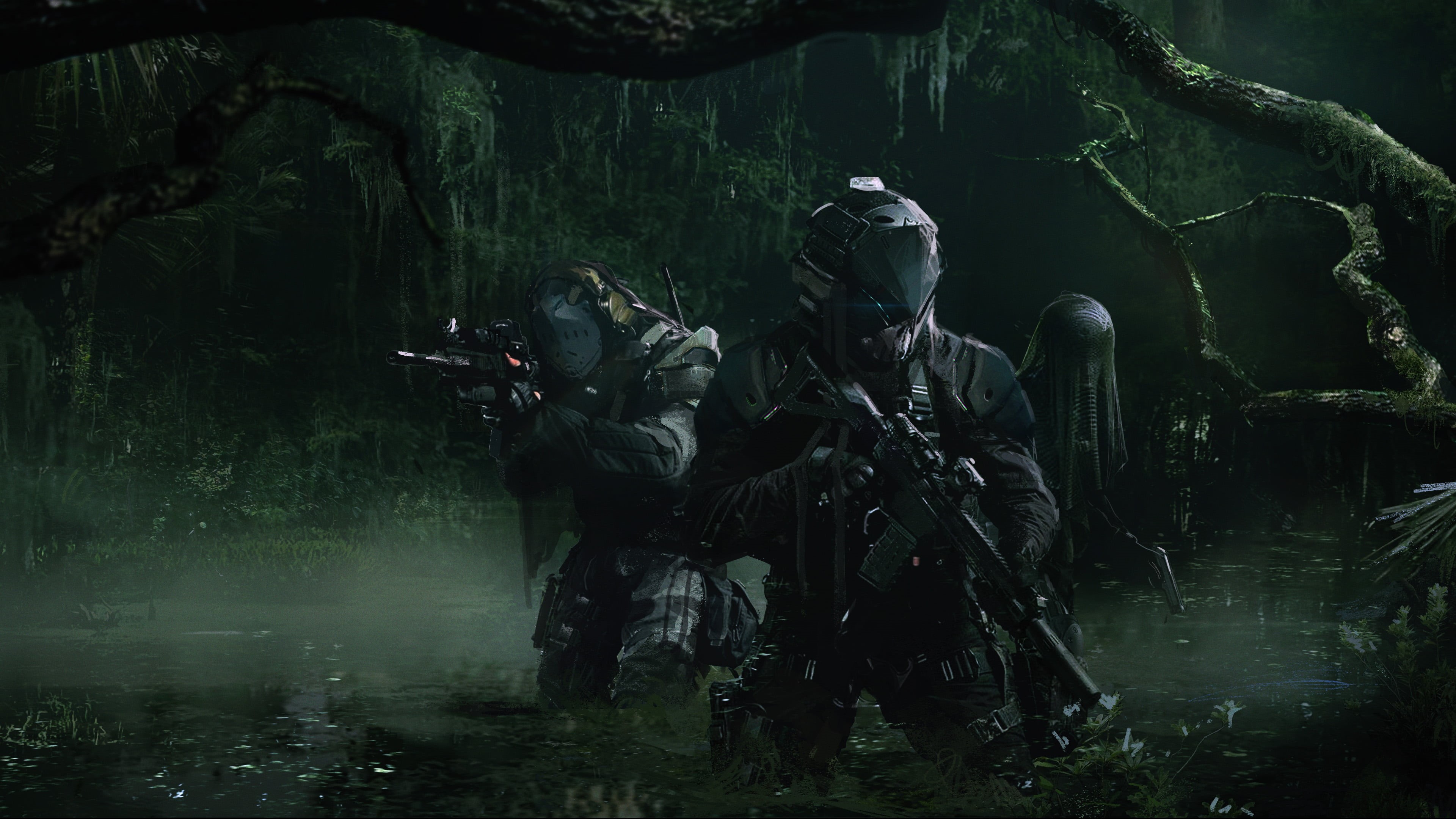 swamp, assault rifle, shrubbery, wolf, tactical, Armored, Tom Clancys Ghost Recon Breakpoint, 4K, HD Wallpaper