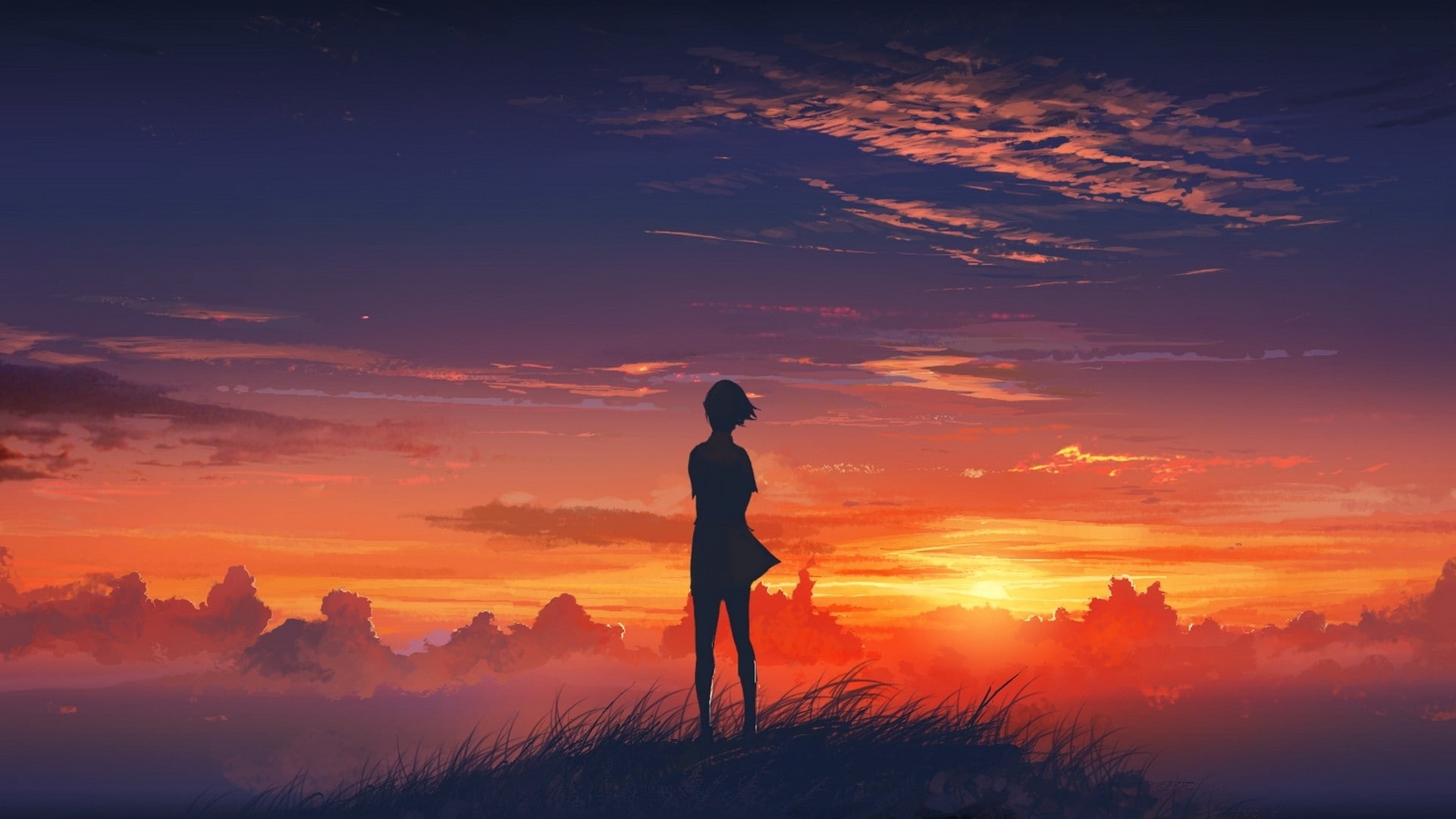 1080P, anime girls, sunset, sunrise, girls, anime, HD Wallpaper