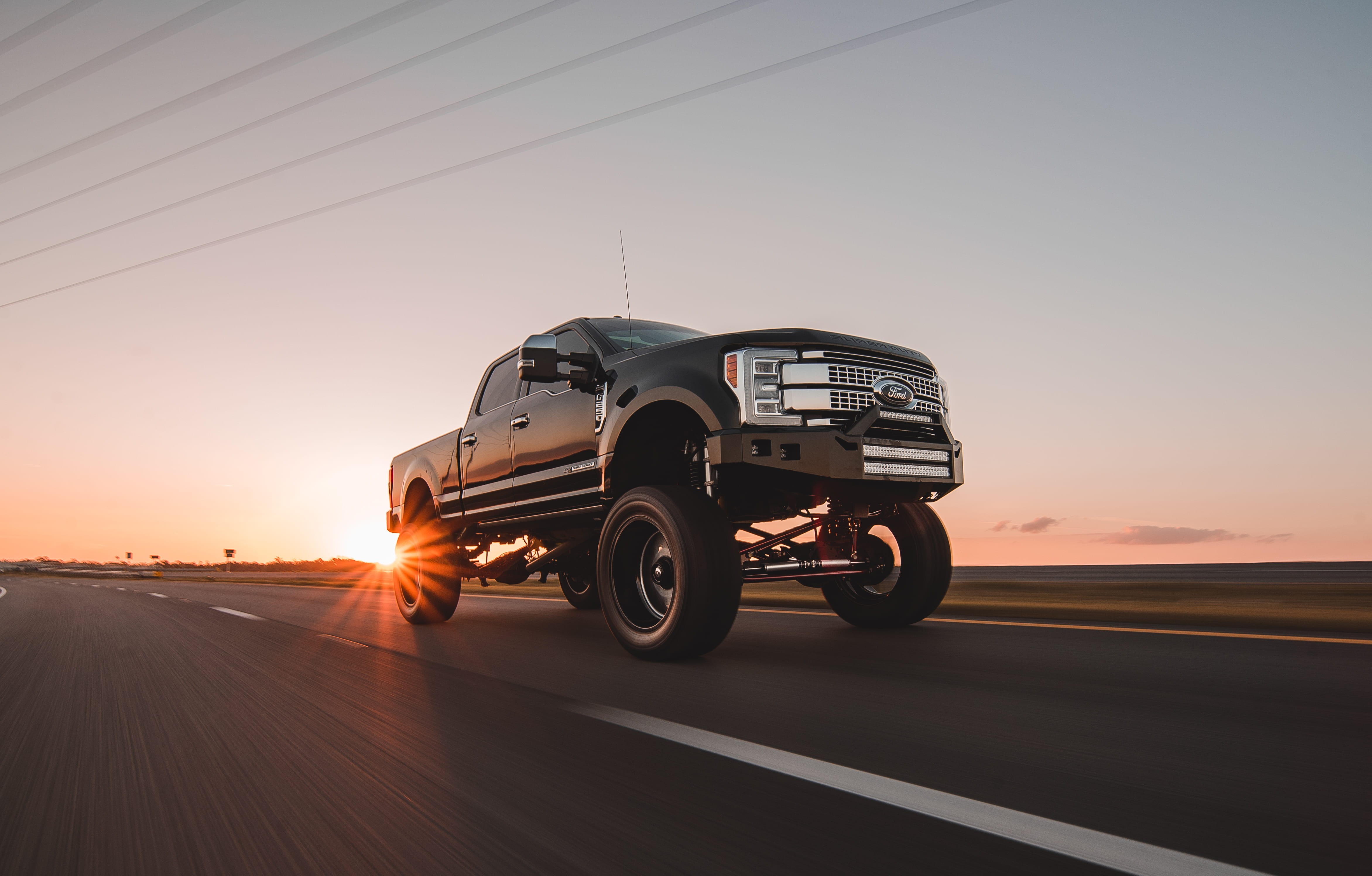 road trip, sunrise, f, car, transportation, speed, vehicle, black, mode of transportation, 4K, tire, copy space, horizon, cable, land vehicle, wheel, on the move, HD Wallpaper