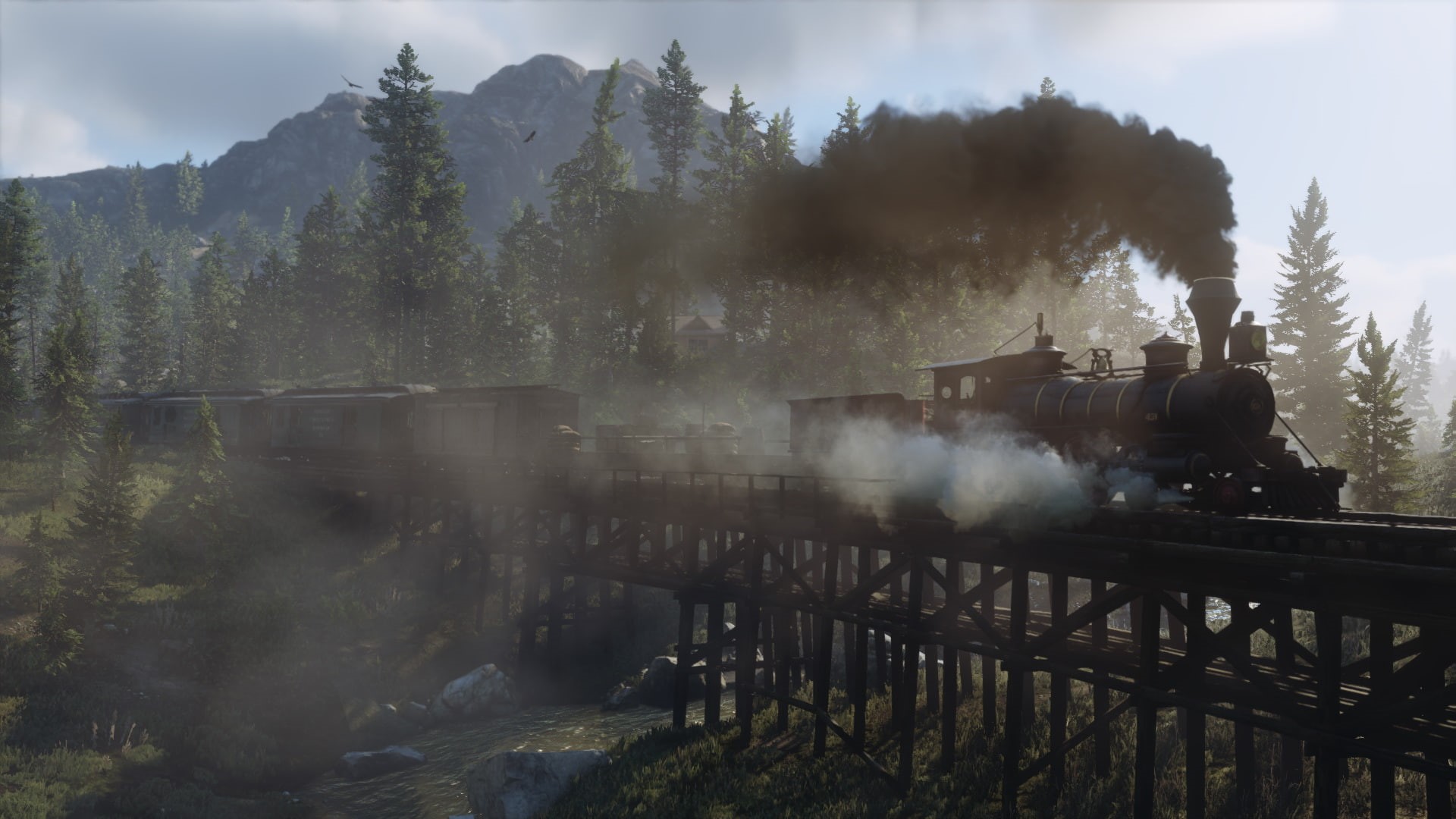 rail transportation, outdoors, video games, steam train, Red Dead Redemption, pollution, motion, sky, nature, fog, transportation, train - vehicle, day, HD Wallpaper