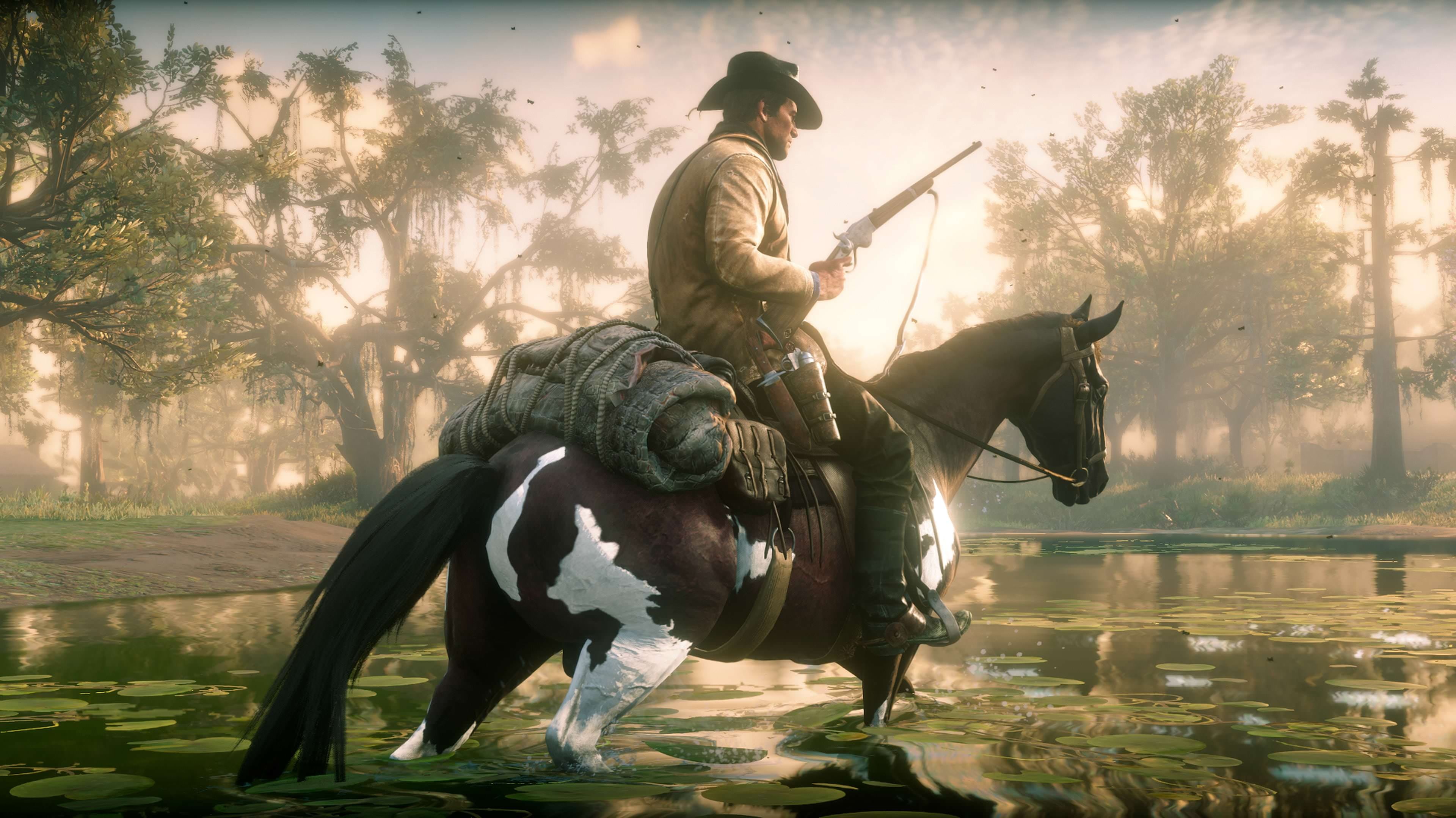 horse, sky, animal wildlife, horseback riding, vertebrate, riding, plant, activity, tree, domestic animals, Rockstar Games, water, people, representation, HD Wallpaper