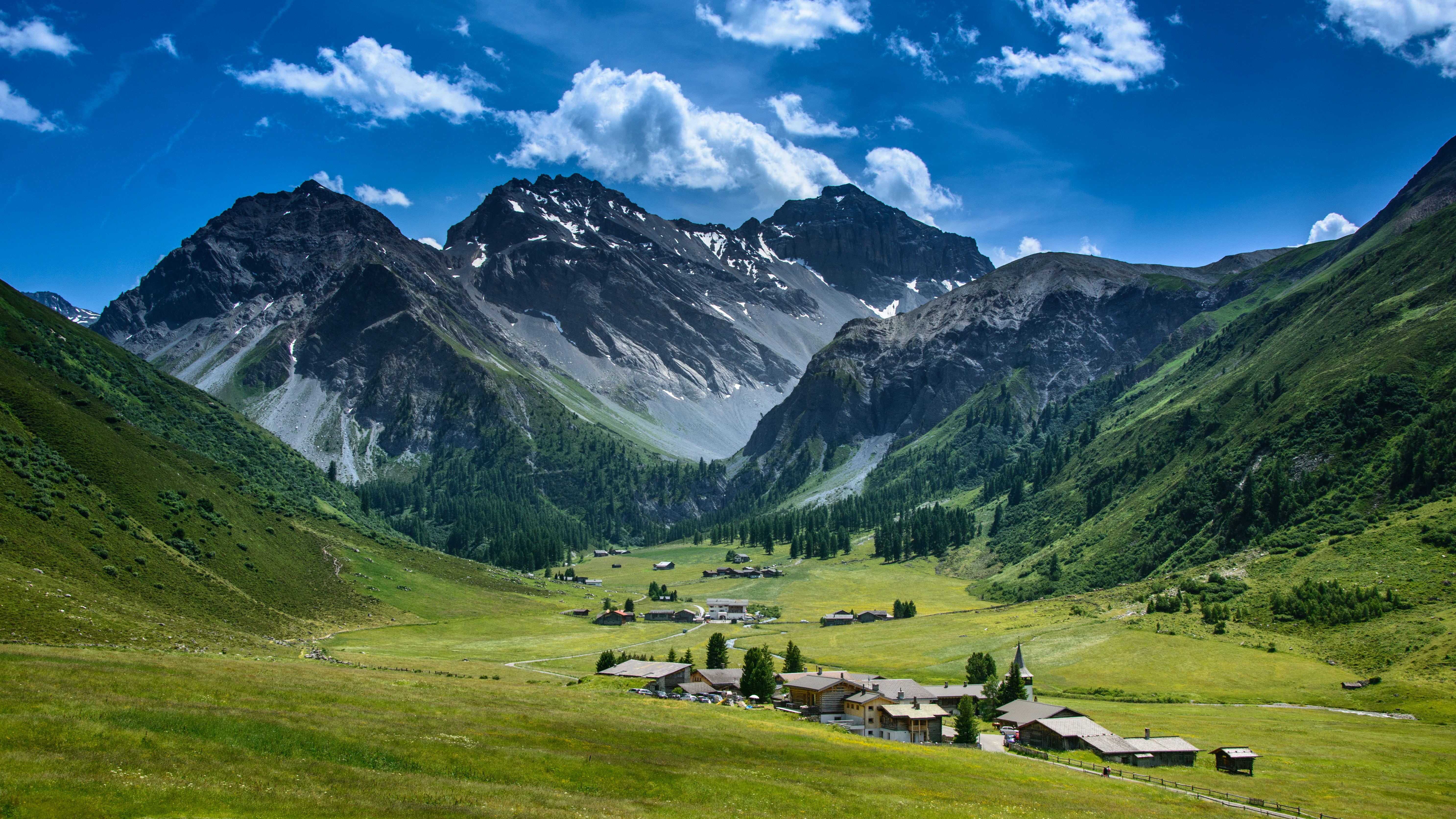 Sertig, mountain, mountain village, Himmel, Berg, Schweiz, Dorf, hiking, Berge, Switzerland, village, Alpen, europe, time, summer, outdoors, day, grass, HD Wallpaper