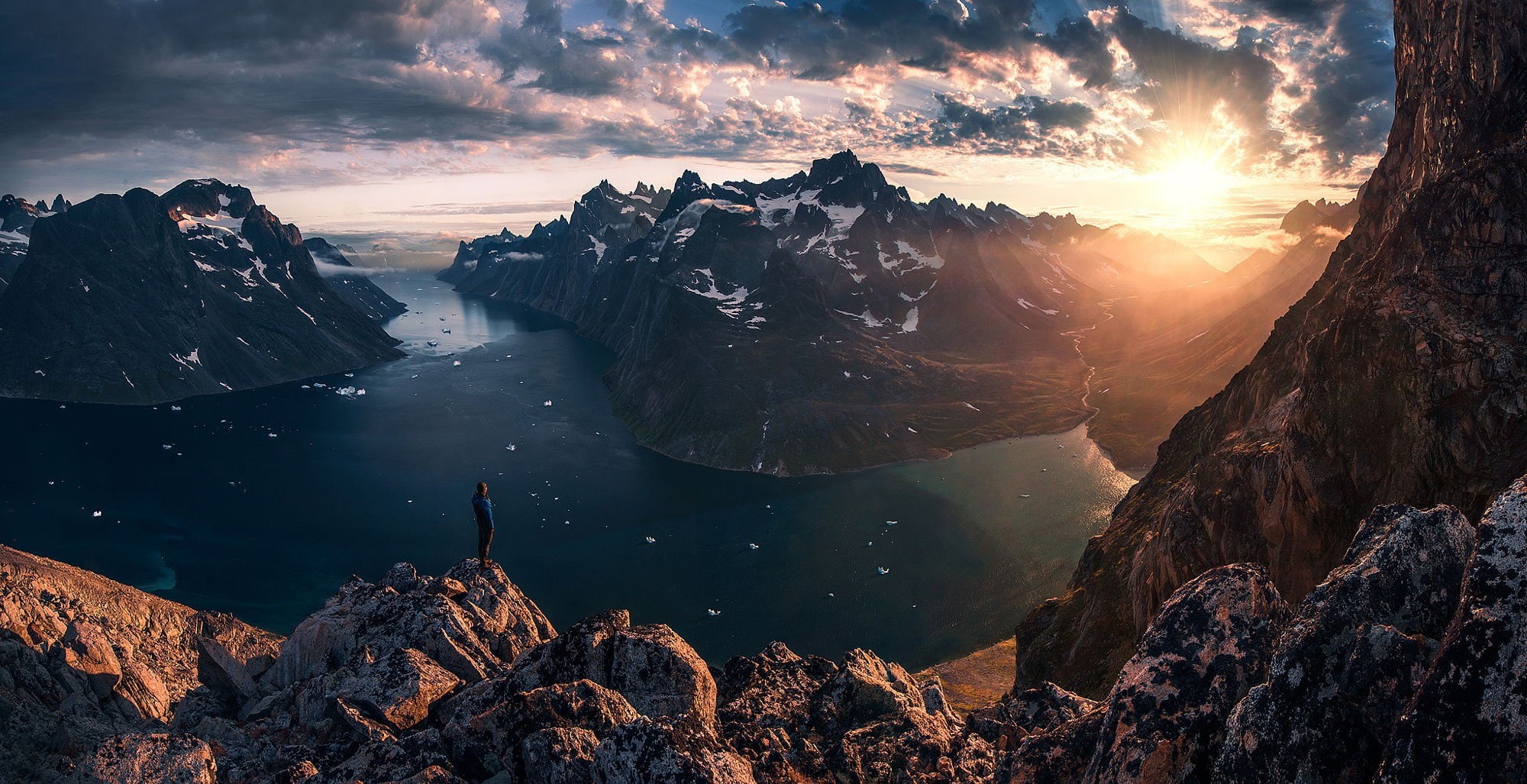 water, rock, scenics - nature, beach, clouds, idyllic, panorama, mountain range, landscape, sunrise, sky, beauty in nature, sunbeam, sunset, cloud - sky, HD Wallpaper