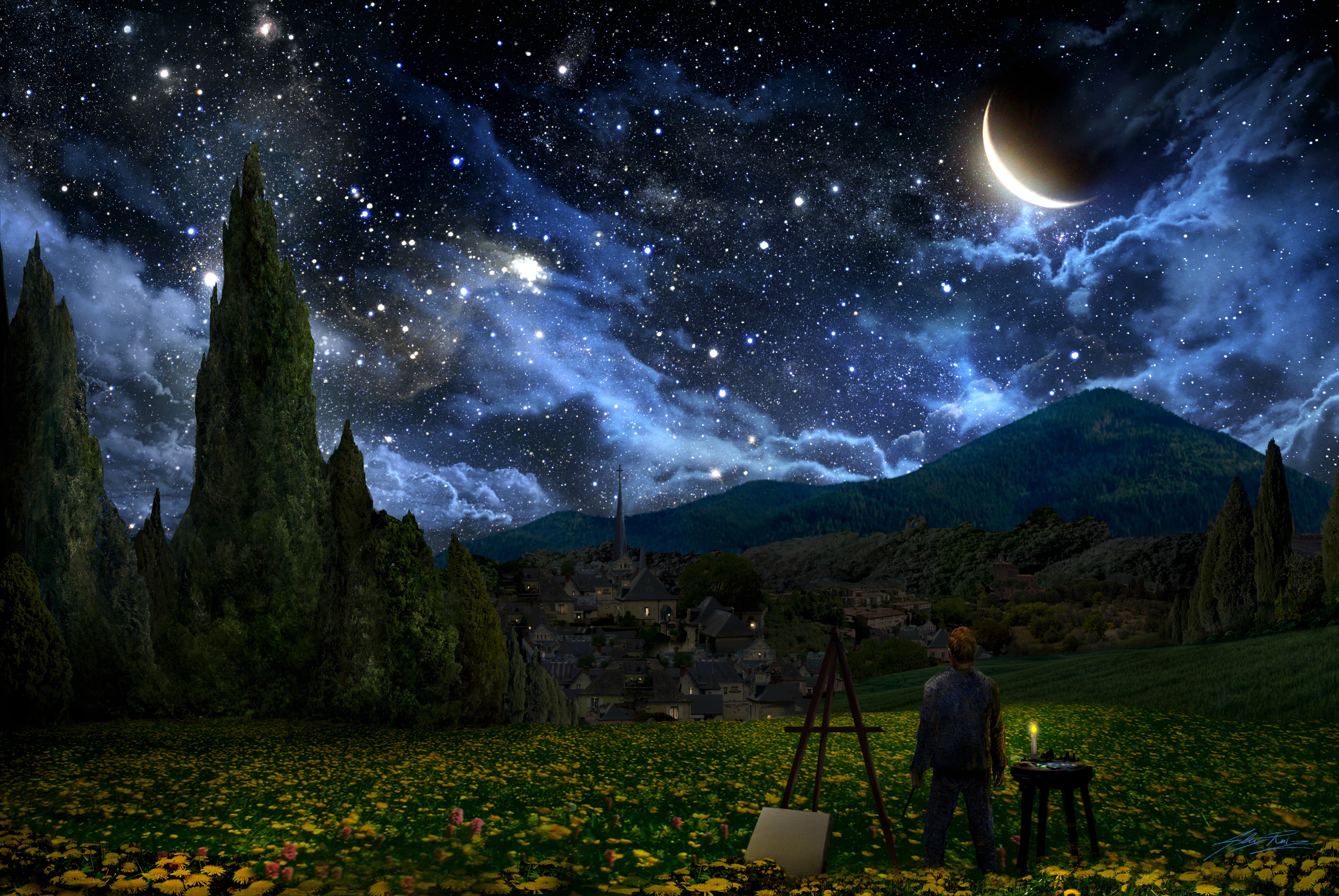 The Starry Night, crescent moon, stars, painters, Vincent van Gogh, landscape, 5K, HD Wallpaper