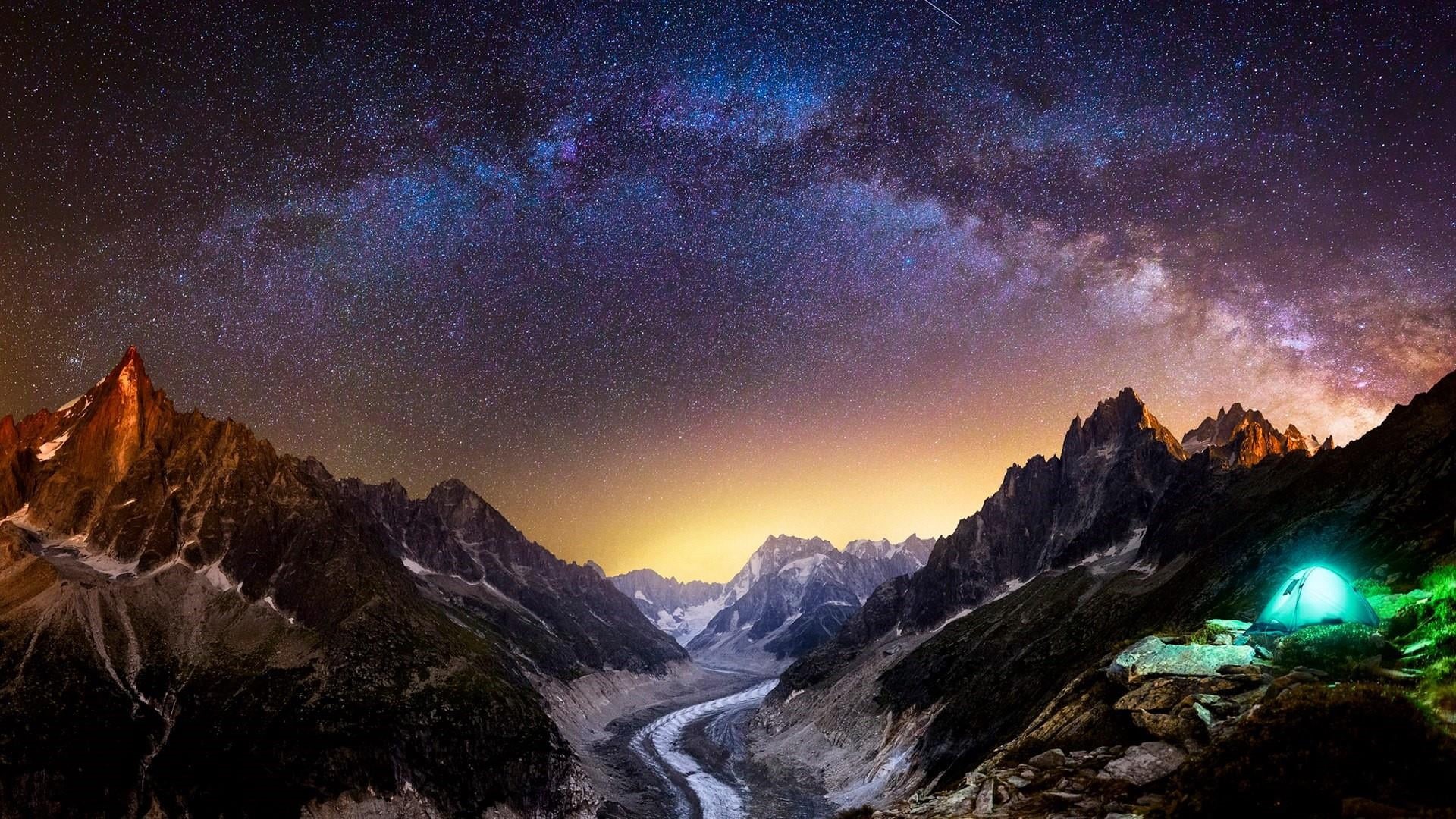 starlight, nature, space and astronomy, landscape, star field, 1080P, environment, night sky, tranquil scene, valley, universe, space, tent, glacier, mont blanc, HD Wallpaper