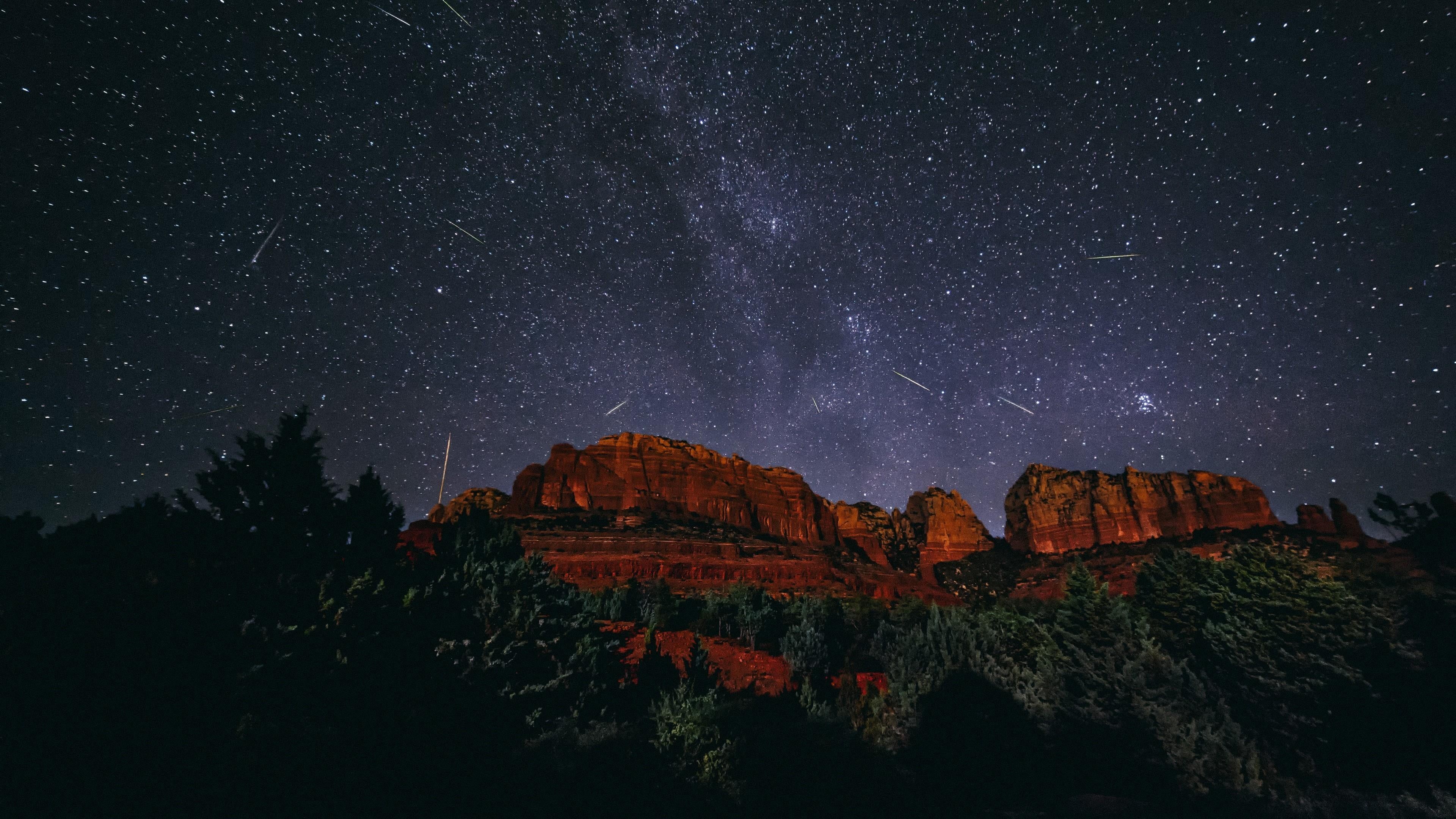 astronomy, meteors, formation, rock formation, galaxy, space, nature, night, mountain, no people, rock - object, rock, tranquility, star - space, sky, starry sky, HD Wallpaper
