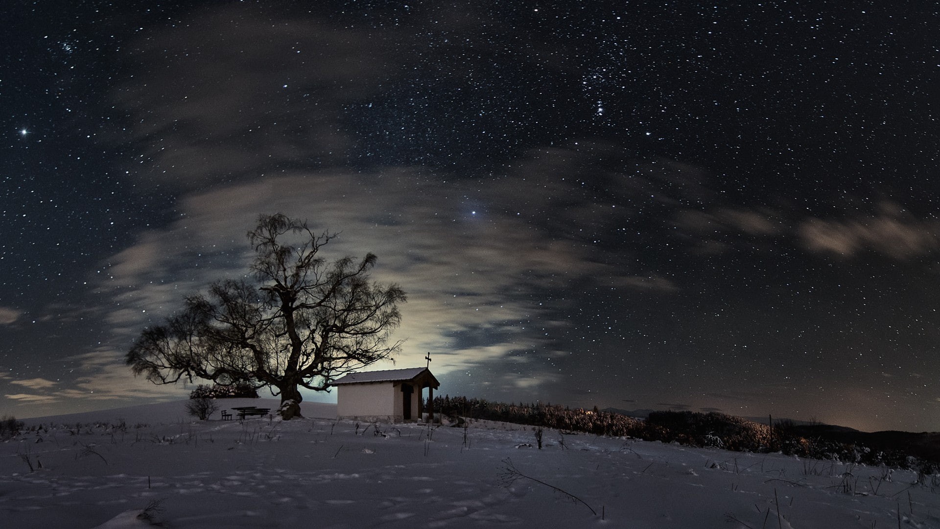 bench, lights, star, astronomy, scenics - nature, landscape, field, tranquil scene, outdoors, long exposure, snow, galaxy, stars, cross, branch, snowing, HD Wallpaper