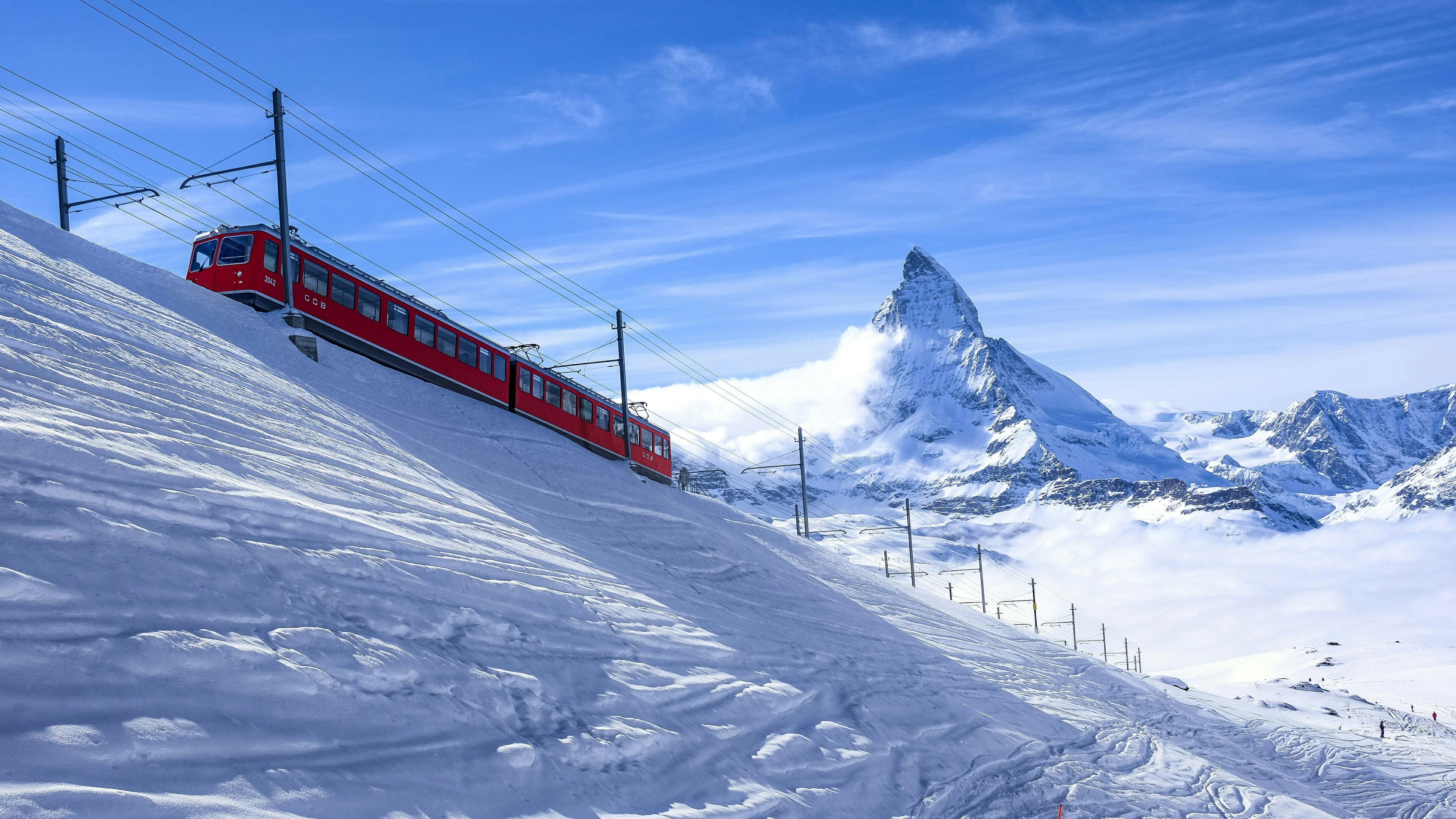 cloud, switzerland, 4K, train, mountain, alps, gornergrat, mountainous landforms, sky, zermatt, winter, snow, pyramidal peak, massif, matterhorn, mountain range, HD Wallpaper