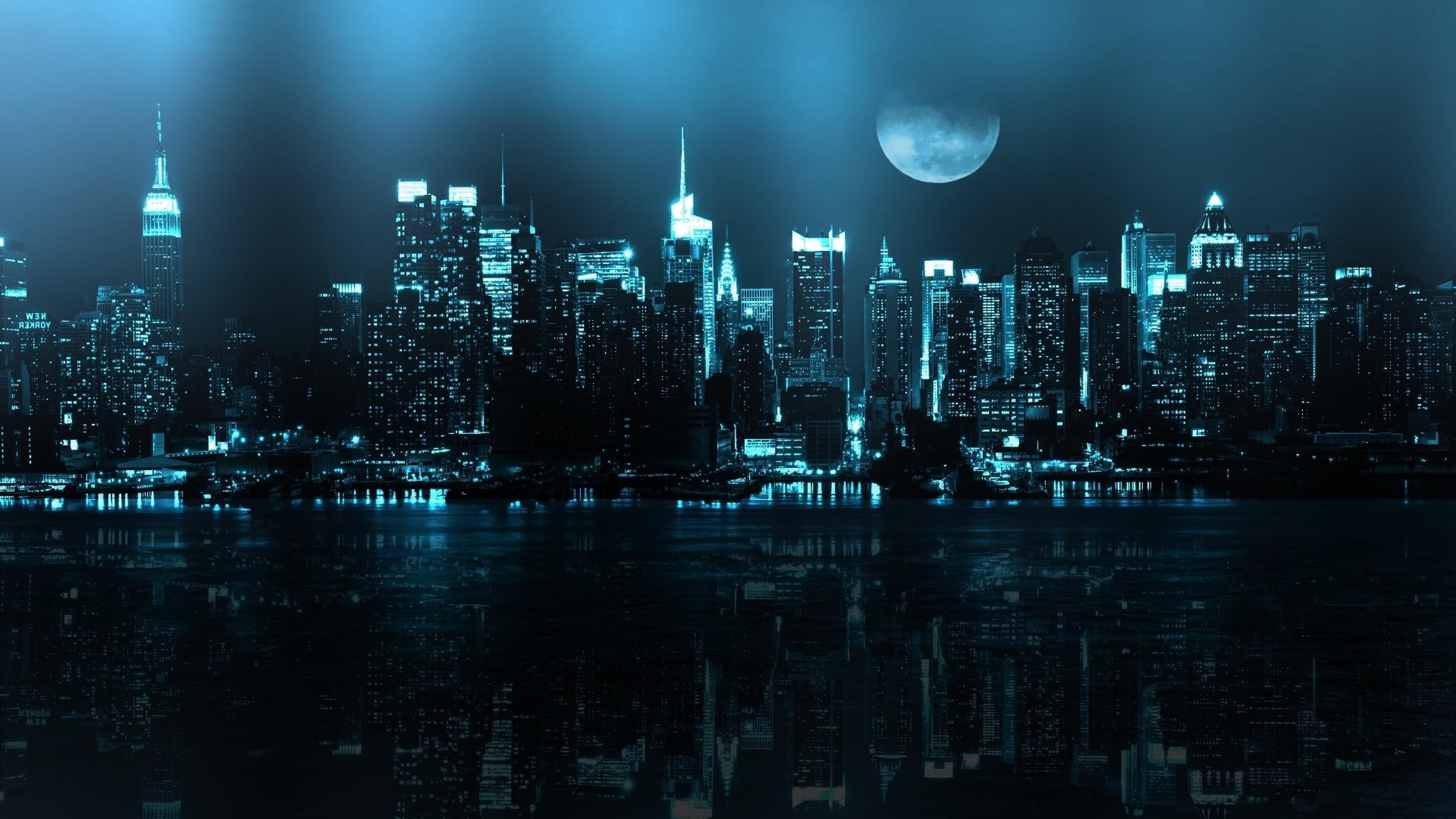skyscrapers, sky, full moon, reflected, 4K, night sky, night, moon, reflection, HD Wallpaper