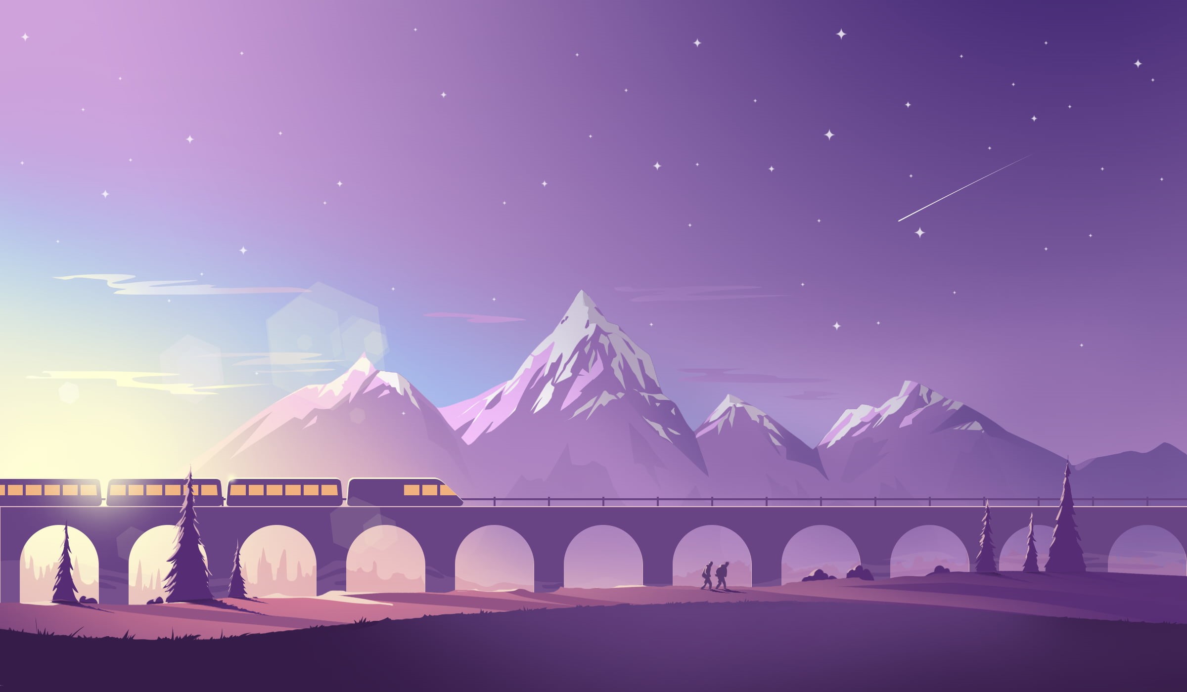 water, building exterior, train, no people, stars, illuminated, mountain, bridge - man made structure, 1080P, snow, motion, mountains, connection, sky, HD Wallpaper