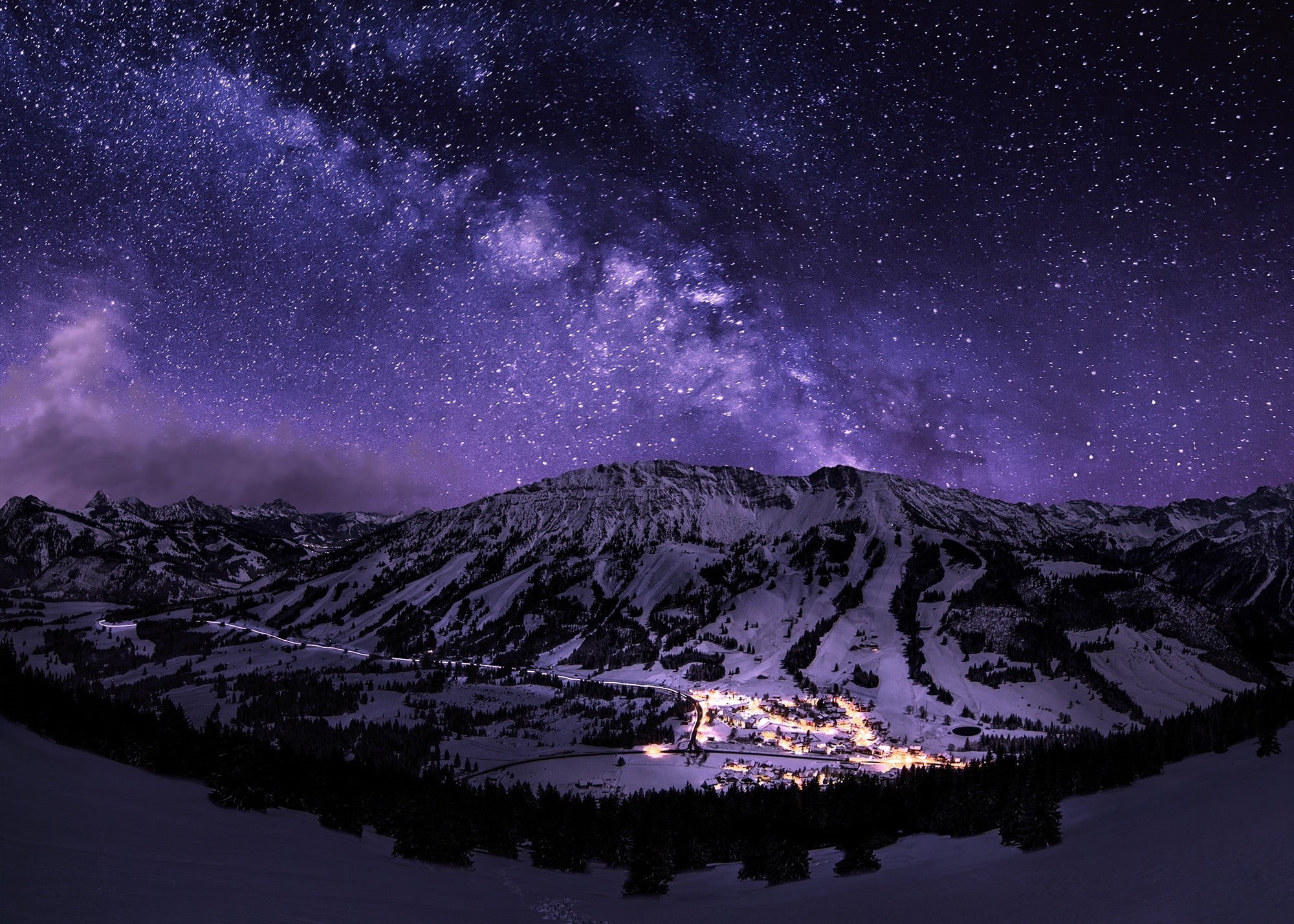 mountain range, galaxy, mountain, long exposure, winter, mountains, snowcapped mountain, tranquil scene, purple, snow, beauty in nature, water, scenics - nature, HD Wallpaper