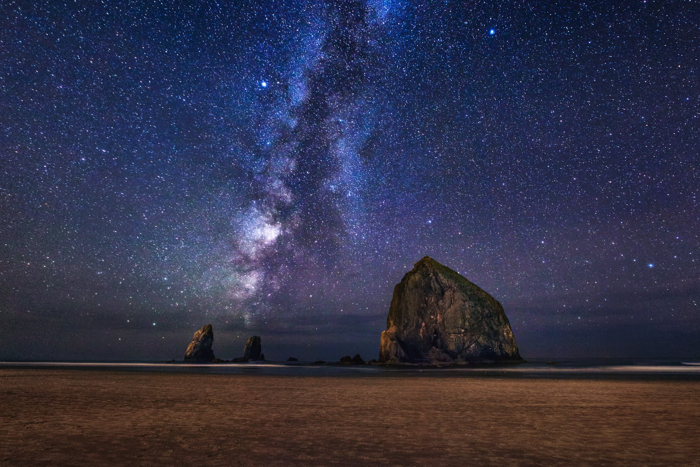 galaxy, night sky, nature, matti, milky  way, nebula, astro, clear, sky, sea  stack, nighttime, Cannon Beach, usa, space, constellation, low angle, photo, HD Wallpaper