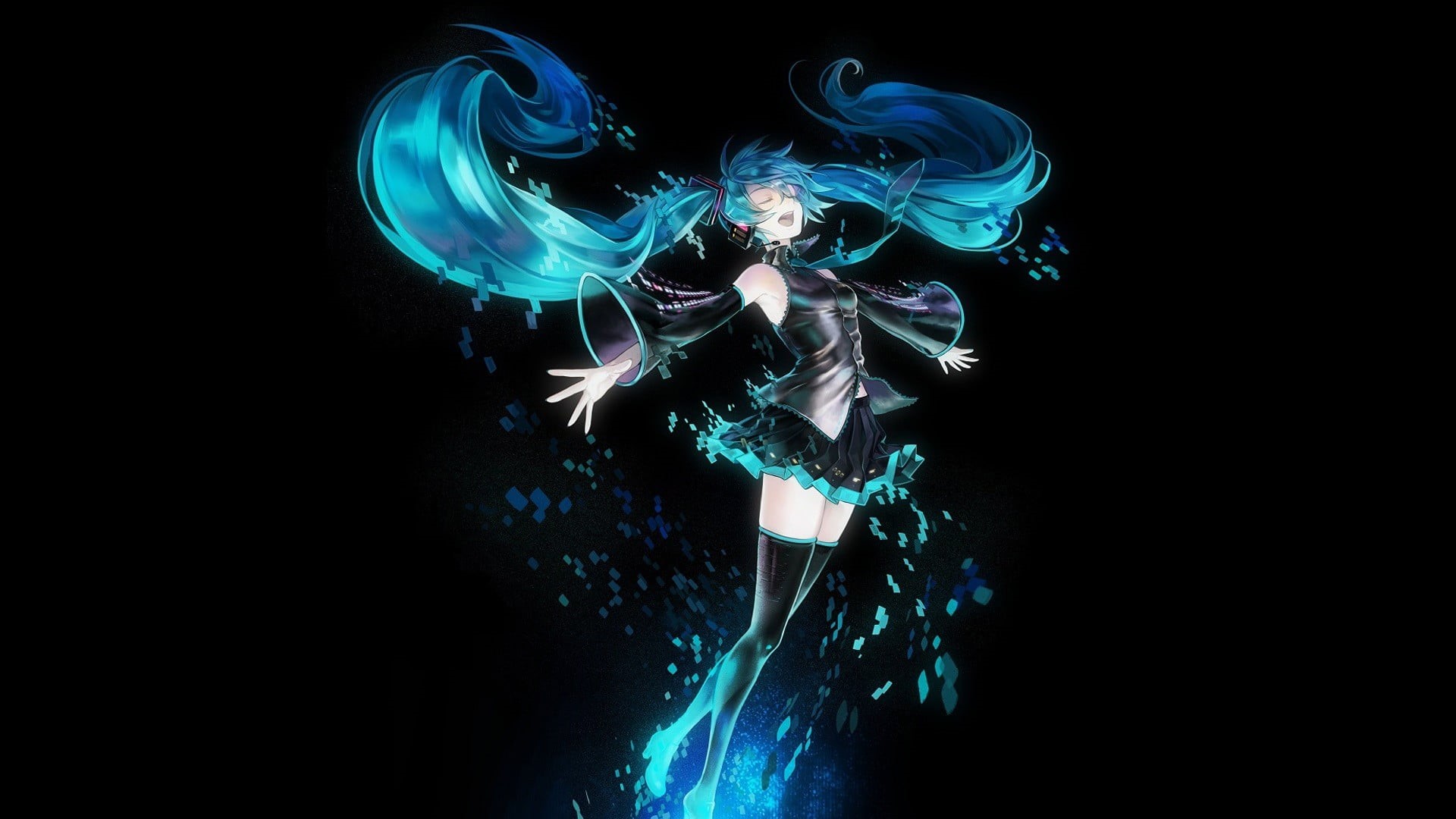 indoors, Hatsune Miku, nature, blue hair, miku, twintails, illuminated, flame, abstract, blurred motion, smoke - physical structure, water, burning, blue, HD Wallpaper