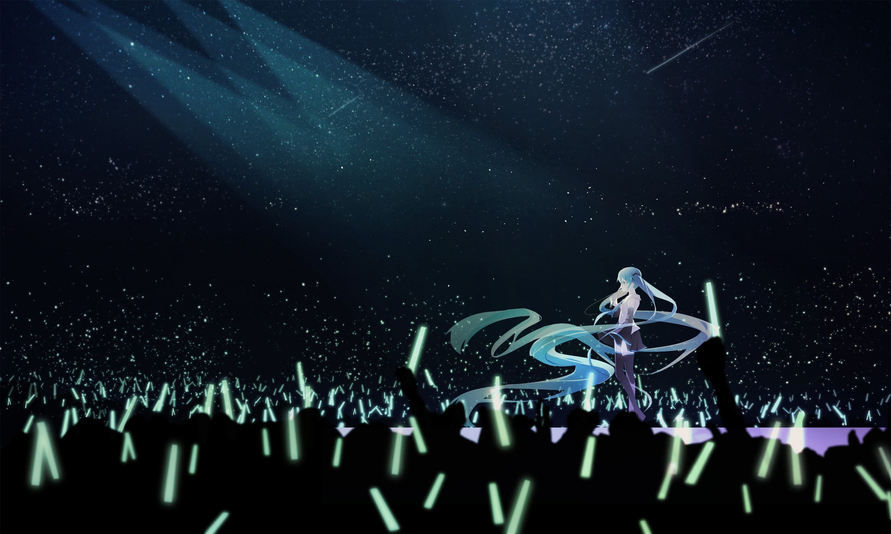 2K, twintails, boots, anime, star - space, performance, lighting equipment, tie, night, detached sleeves, group of people, space, crowd, nightlife, Hatsune Miku, HD Wallpaper