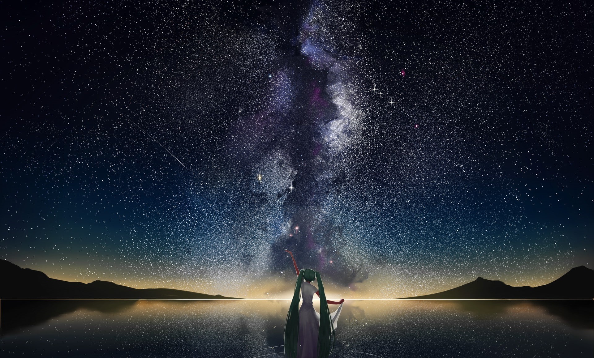 astronomy, mountain, space mountain horizon stars shooting stars lake hatsune miku, scenics - nature, star field, one person, star - space, milky way, star, HD Wallpaper