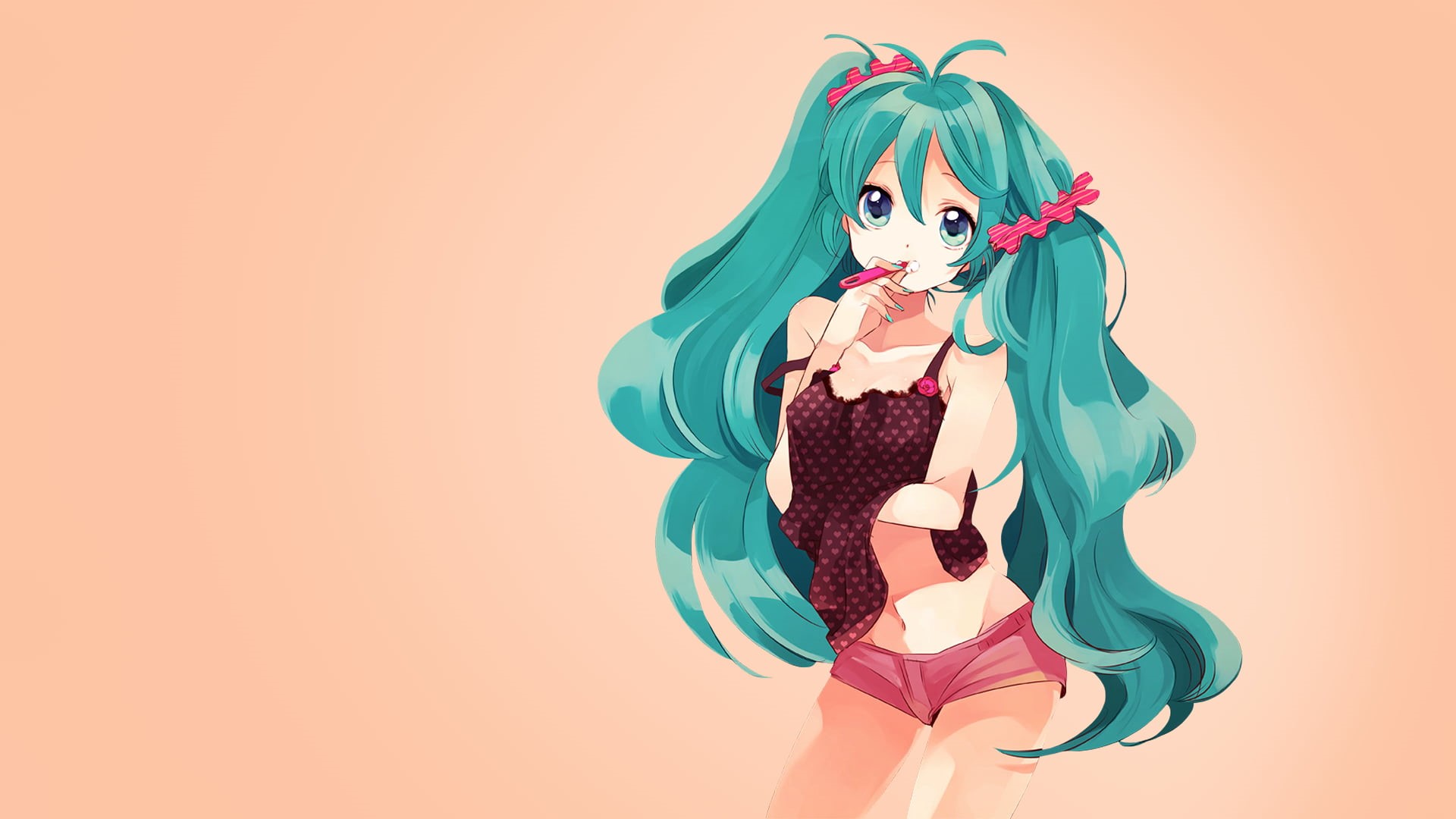 beauty, colored background, young adult, turquoise eyes, fashion, long hair, looking at camera, beautiful woman, miku, simple background, nighties, 1080P, HD Wallpaper