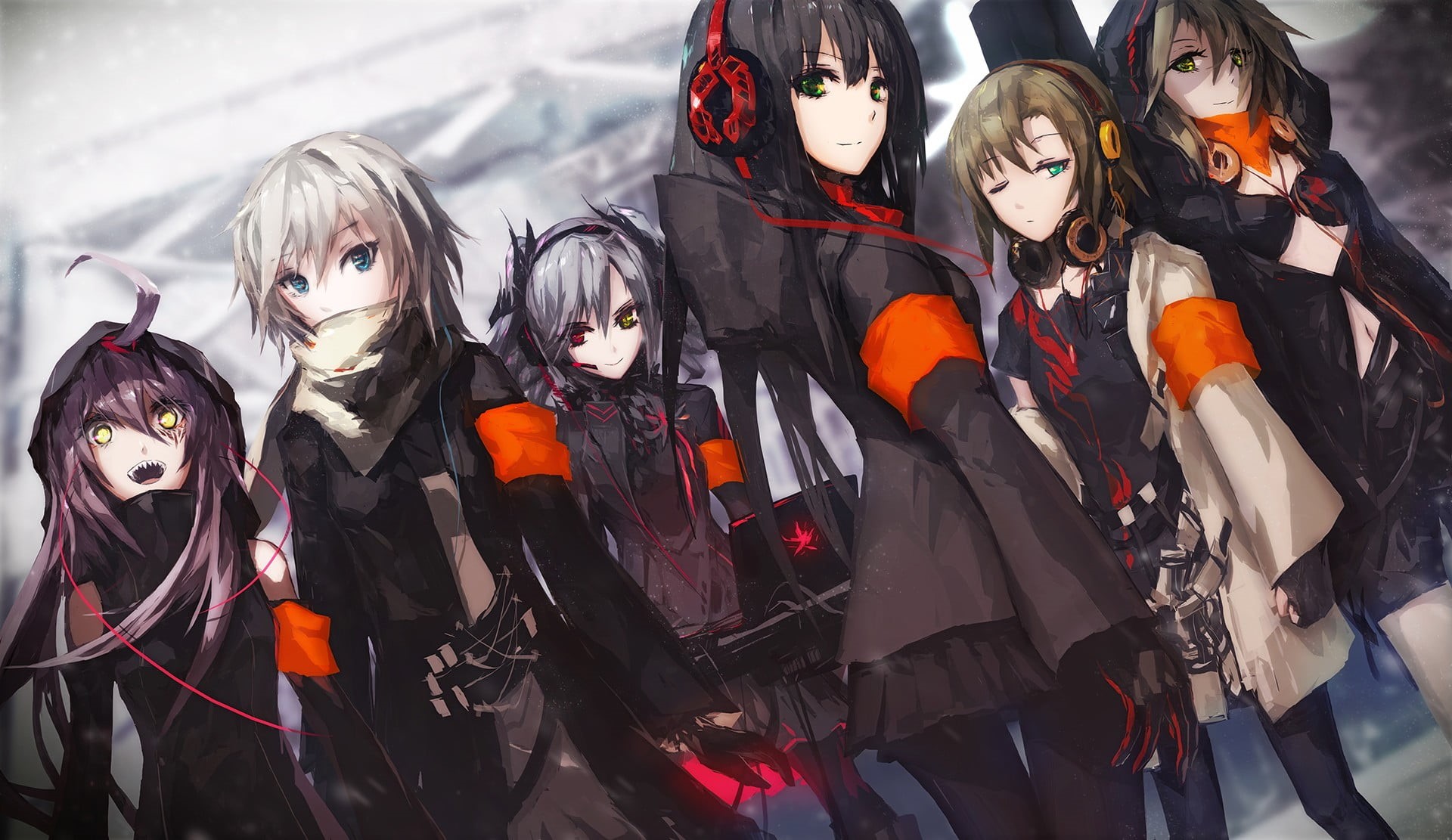 twintails, mask, celebration, black Color, wearing, long hair, group, red eyes, Kanzaki Ranko, winter, day, disguise, Shibuya Rin, brunette, people, in a row, HD Wallpaper