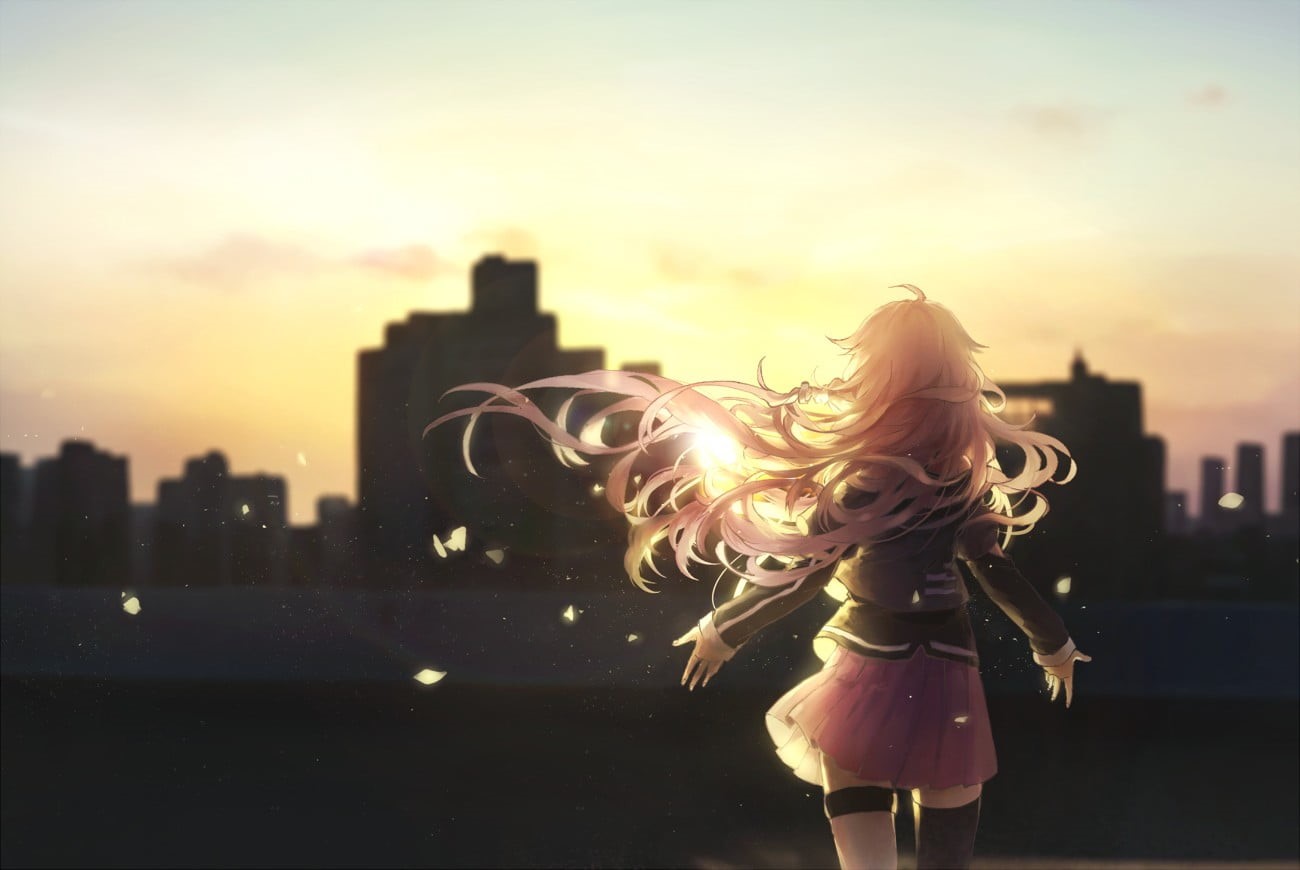 building exterior, back, clouds, anime girls, motion, leisure activity, blond hair, flower petals, IA (Vocaloid), Vocaloid, city, skyscraper, HD Wallpaper