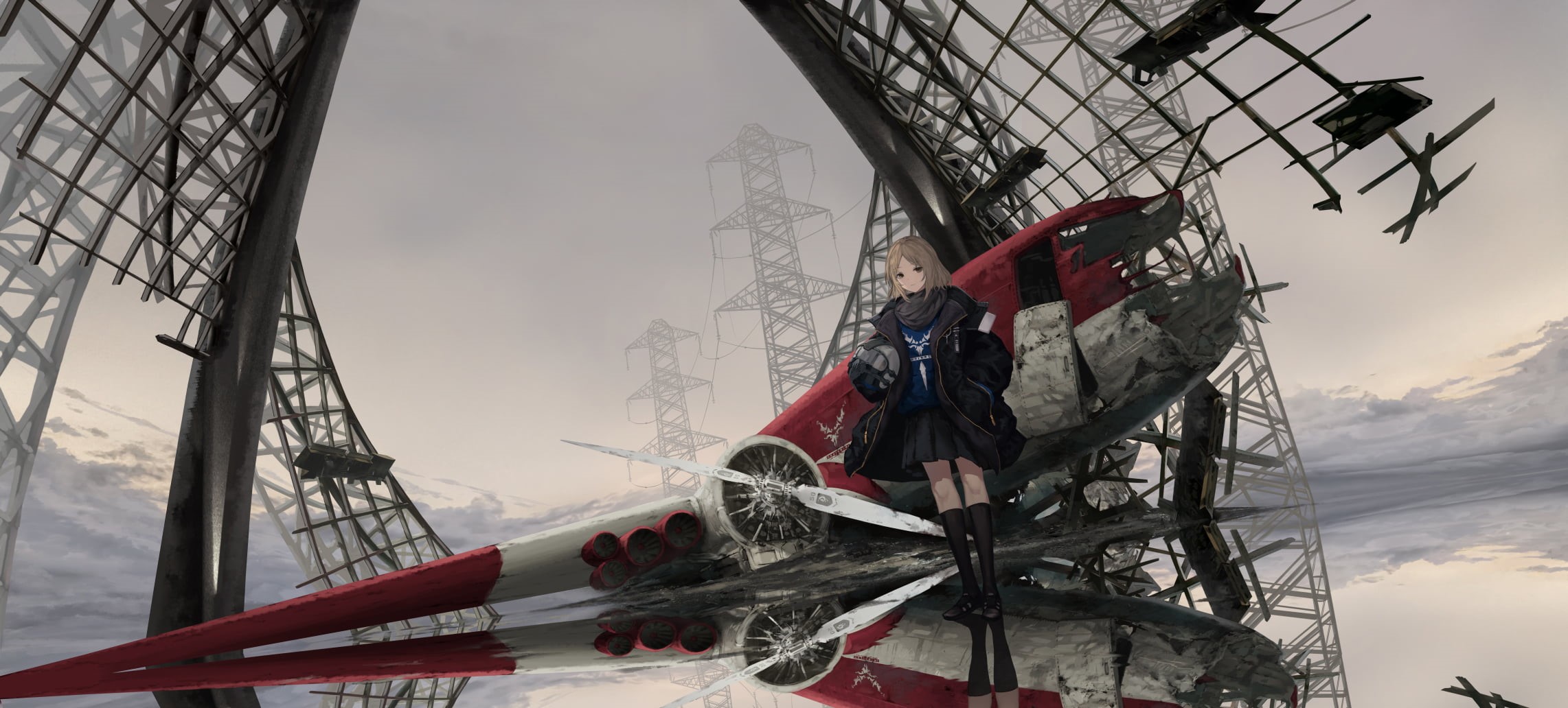 helmet, black, nature, sailboat, airplane, stockings, shoes, sky, water, original characters, outdoors, working, low angle view, black stockings, hands in pockets, HD Wallpaper