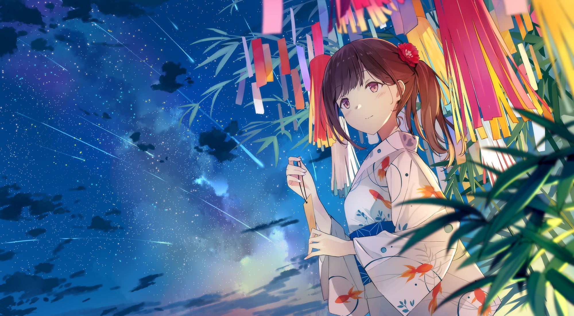 bamboo, drawing, anime girls, shooting stars, illustration, Ashima, digital art, purple eyes, 2D, bokeh, artwork, stars, original characters, sky, flower in hair, HD Wallpaper